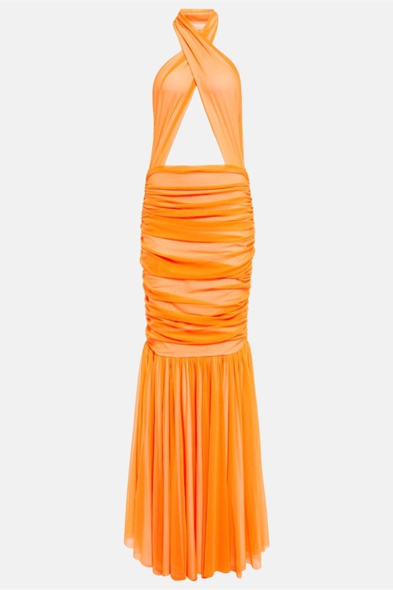 Women's Orange Halter Maxi Dress – Keyhole Cutout, Ruched Bodice, Pleated Skirt, Synthetic-81043-6e9d47ed-3cb7-4c7a-af06-a7a5cc501781