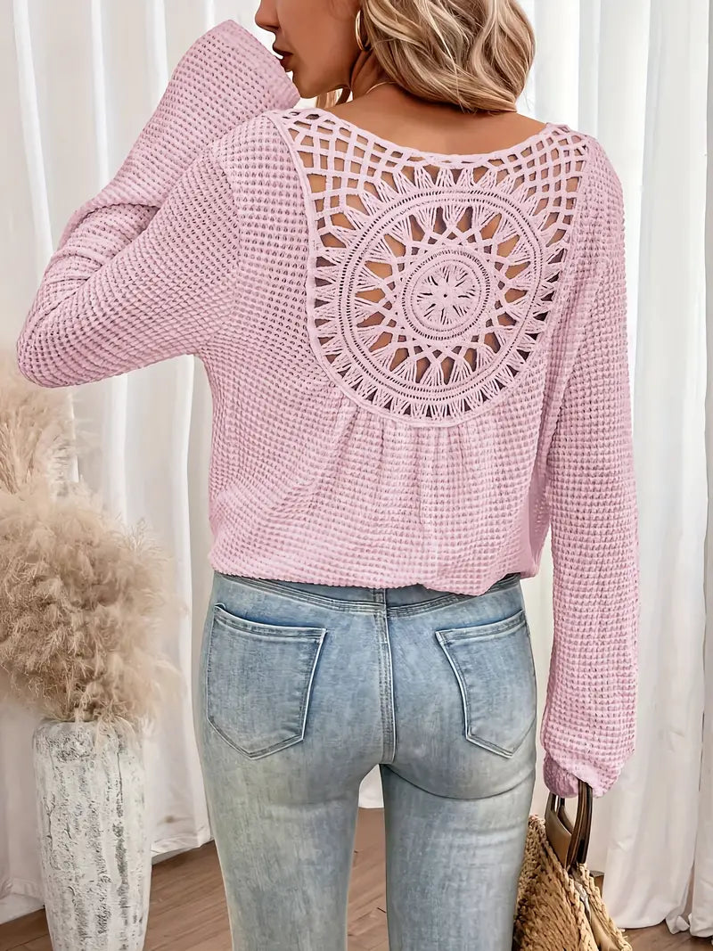 Women's Waffle Knit Long Sleeve Top – Crochet Open Back, Bohemian Style, Light Blue, Burgundy, Cream, Pink, Olive Green-81413-756eb275-7cd8-4085-93ac-47e71630d7f6