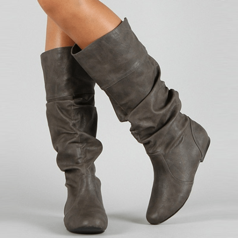 Women's Brown Slouchy Knee-High Boots, Synthetic Leather, Low Stacked Heel, Flexible Sole-67727-7633115c-bfe9-4796-9ff6-17a877942efe