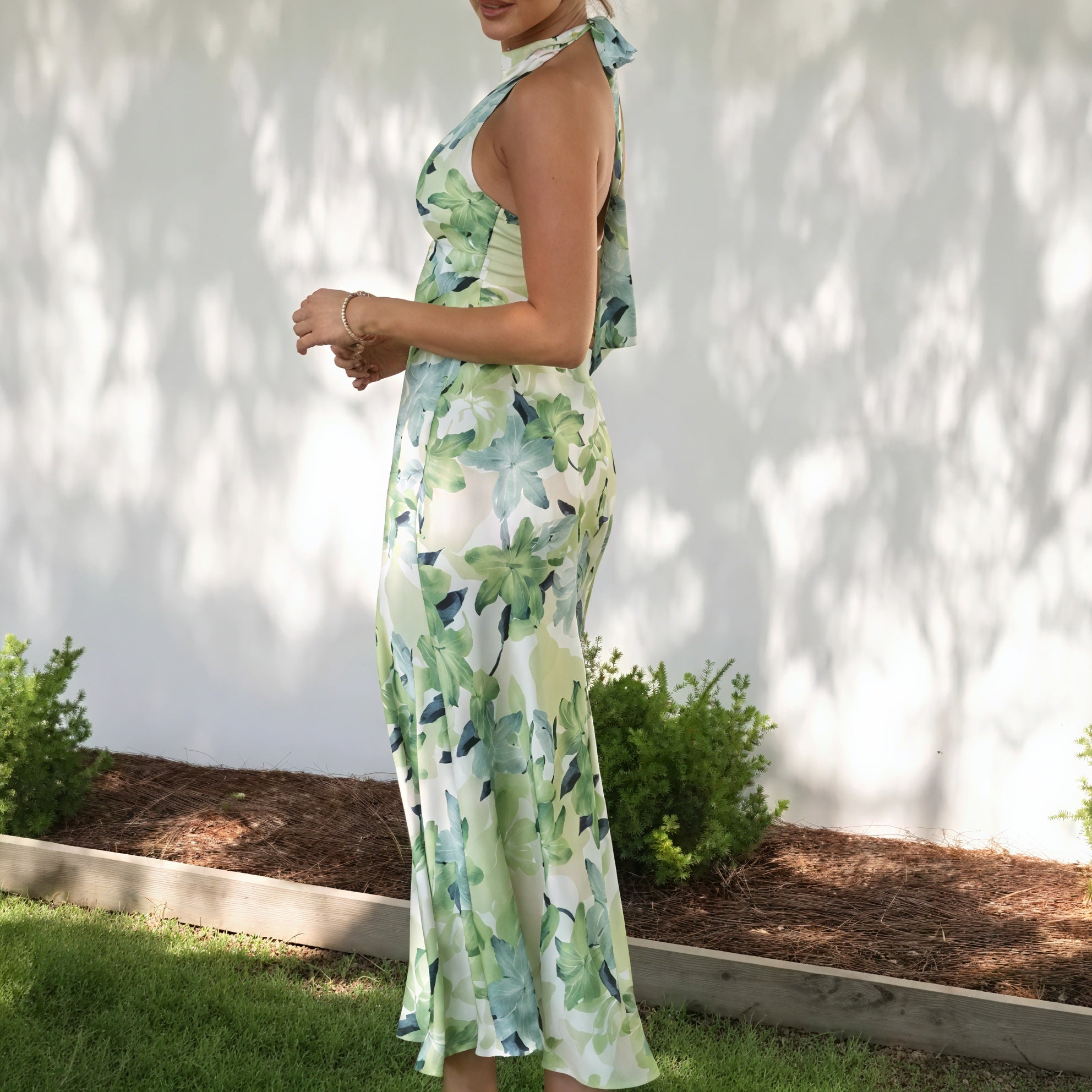 Women's Green Floral Silk Halter Neck Floor-Length Maxi Dress, Bohemian Chic Style-76848-dbbb202a-2e66-41bc-865f-139f8e1ee87b