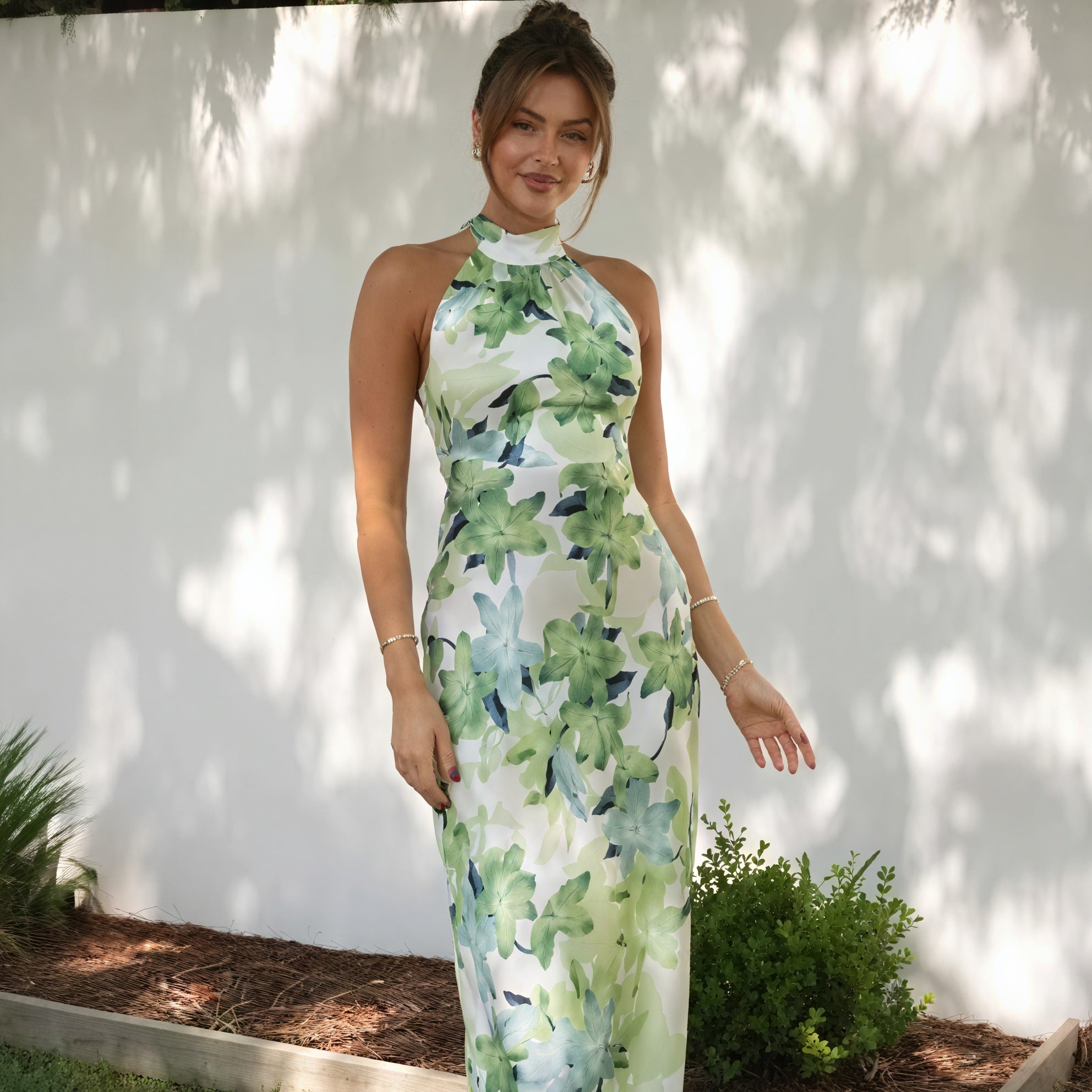 Women's Green Floral Silk Halter Neck Floor-Length Maxi Dress, Bohemian Chic Style-76848-019df14f-7eae-4ebb-84c7-255a2bd6dbe8