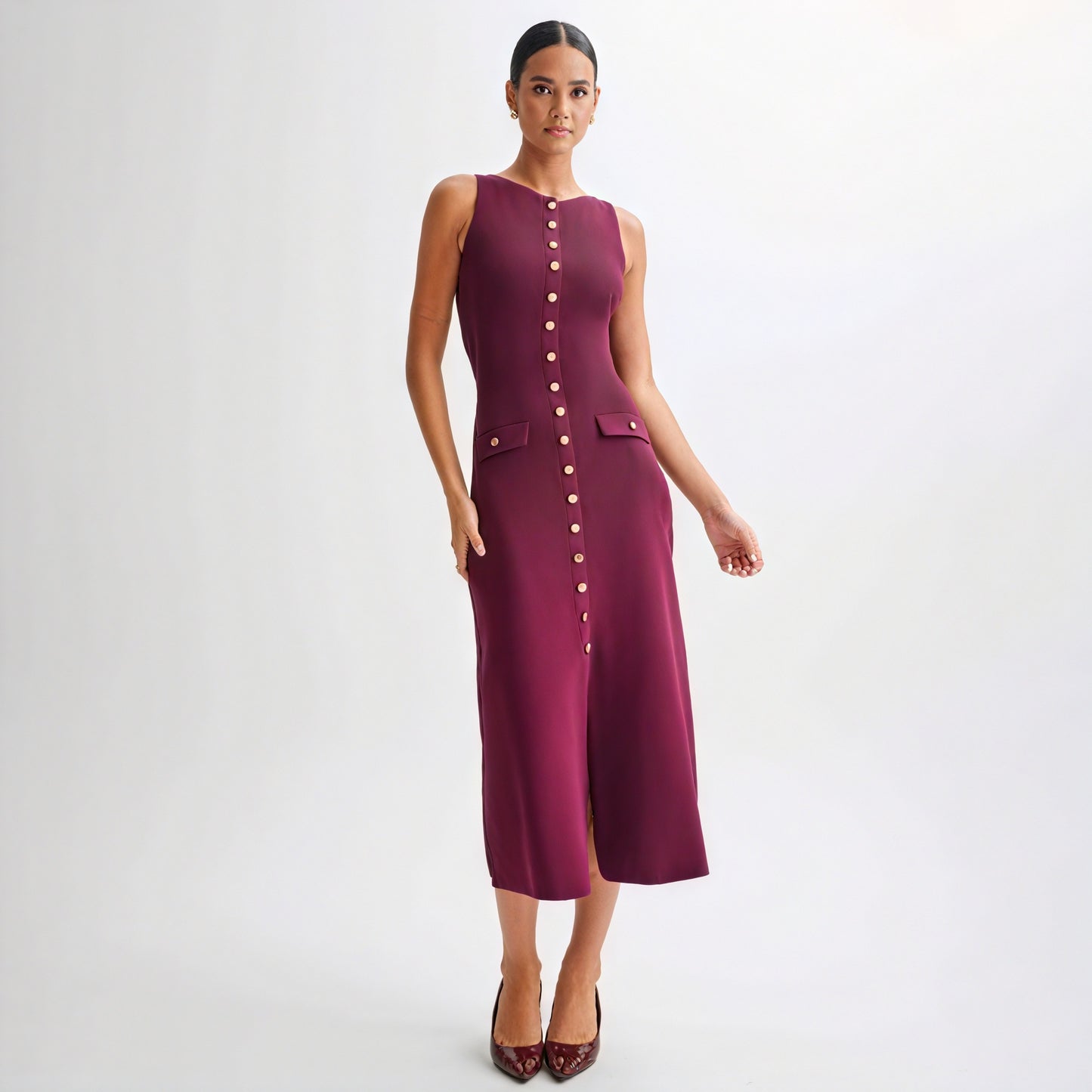 Women's Sleeveless Midi Dress – Ribbed Knit, Button Front, Tailored Fit-77153-3894644f-8e89-4c55-b977-42b199b7cdd5