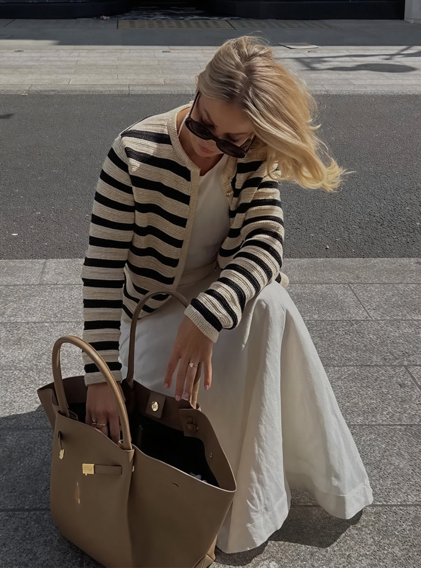 Women's Knit Jacket – Cream Striped, Gold Buttons, Round Neck, Classic Chic-77182-89073191-f12f-4eda-b23b-fd6aa99ea143