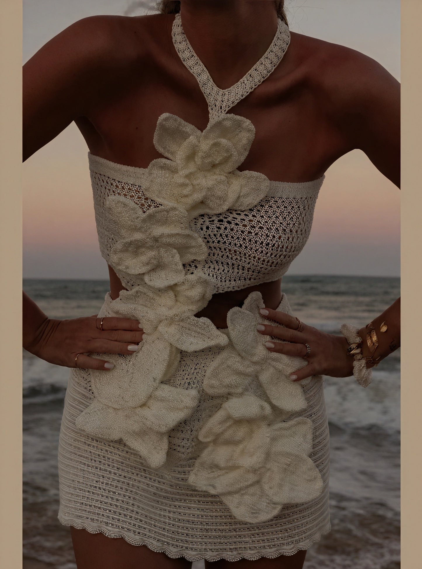 Women's Crochet Mini Dress – Off-White, Floral Appliqués, Bandeau Top, Bohemian-77216-04ee9c17-f1d0-4ee7-995b-fc339ecd6e30