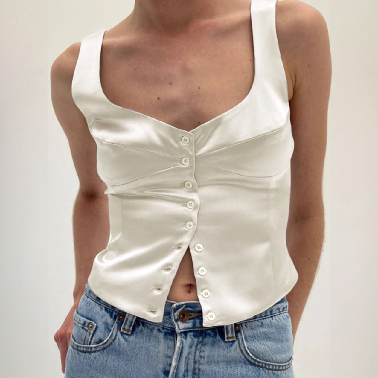 Women's Beige Cotton Polyester Top – Square Neck, Button-Down, Fitted-77223-8973089c-761f-4cd2-a18b-6b7956973276