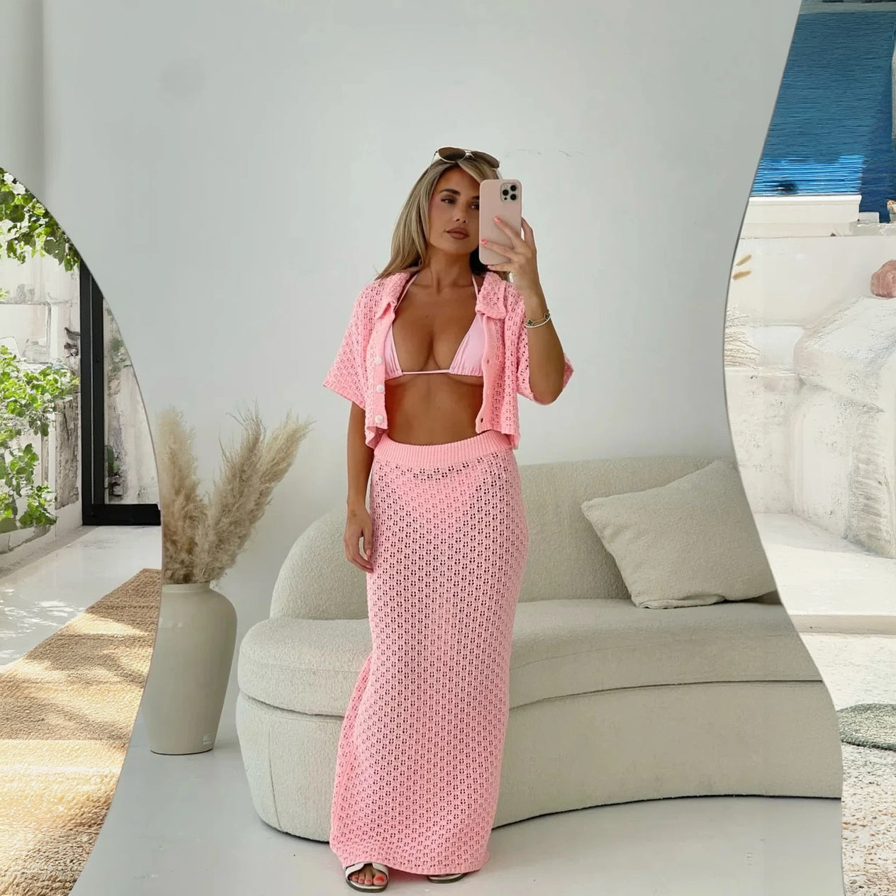 Women's Crochet Knit Two-Piece Set – Pink & Cream Beach Cover-Up & Dress-77274-adecfc60-2fe6-4d8a-8917-f72389539338
