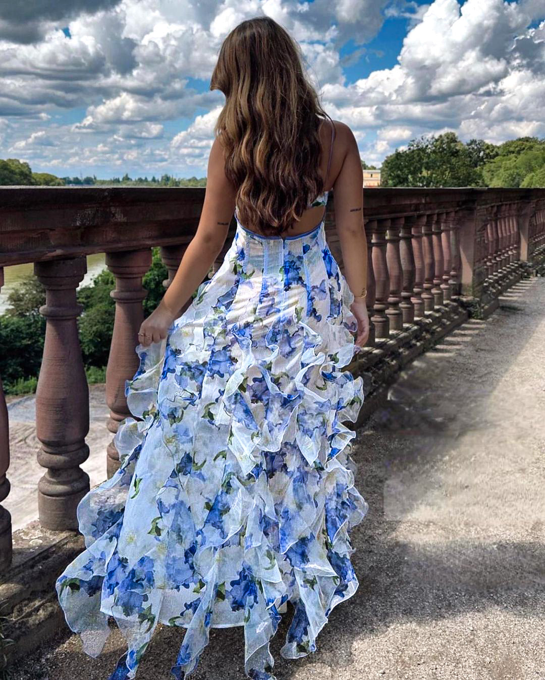 Women's Chiffon Maxi Dress – White Blue Floral Print, Ruffled Skirt, Spaghetti Strap-77260-77614aa2-e856-446e-bb7f-2e702ad771dc