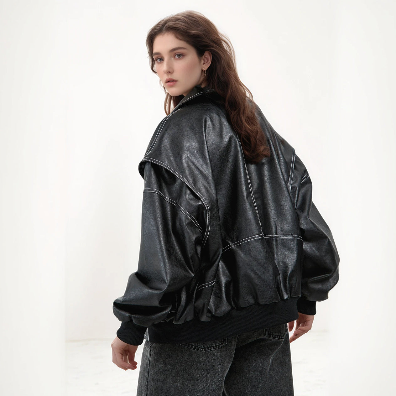 Women's Faux Leather Bomber Jacket – Oversized, Contrast Stitching, Ribbed Cuffs, Black/Red-77829-e60cf211-77a3-47d9-a0ed-fca6fcc72f8e