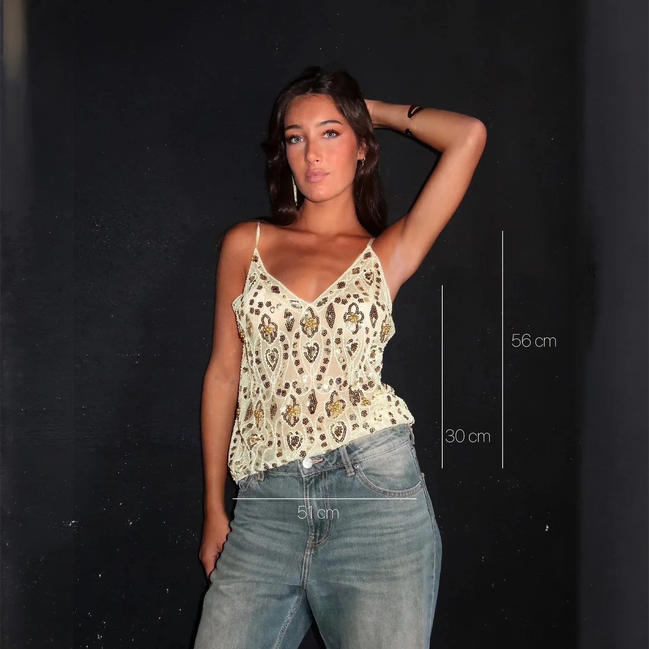 Women's Beige Sequin Mesh V-Neck Camisole Top Embellished Bohemian Chic-77832-a4c84a70-911e-4f42-a720-9b2fc2bba2dc