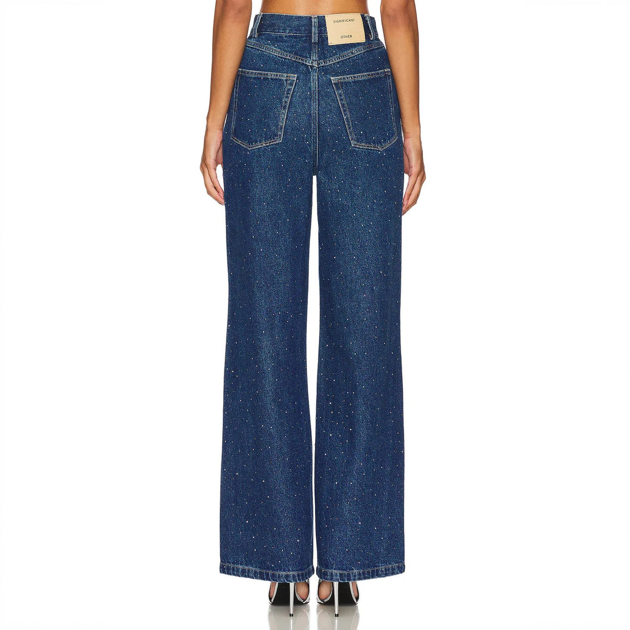 Women's Blue High-Waisted Wide-Leg Rhinestone Denim Jeans-77885-7e55e7c7-9fa7-49e7-b1a6-1feb333bee6a