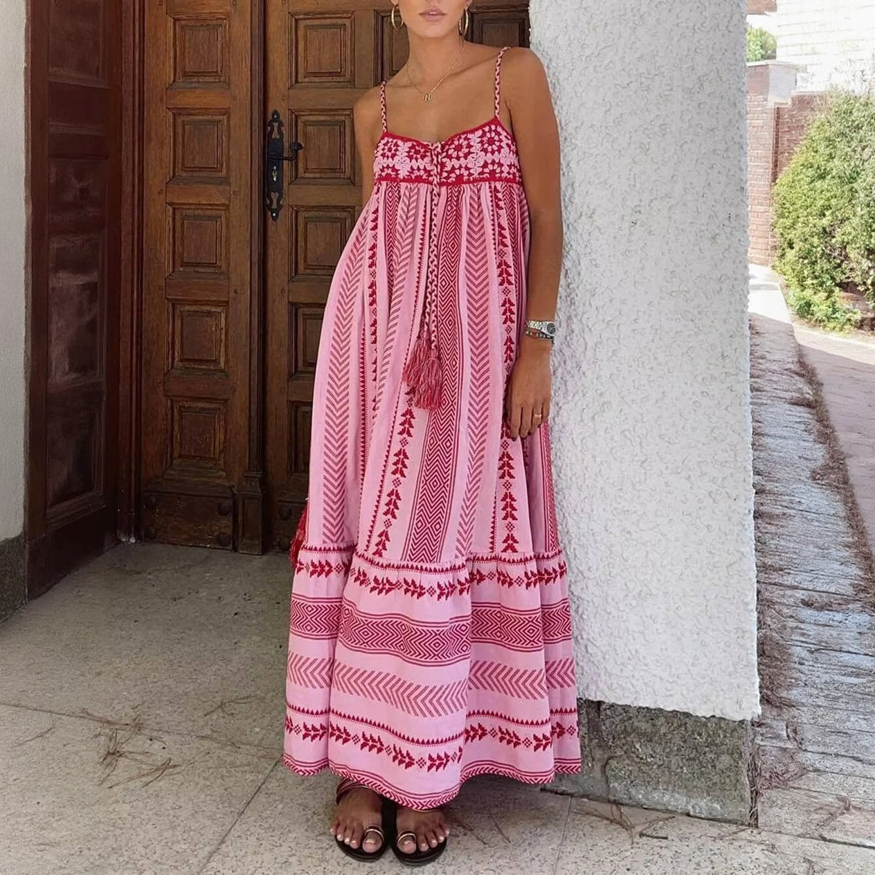 Women's Maxi Dress – Pink Cotton Embroidered Tiered Bohemian Style-78217-aa027d01-3b6b-46e1-b482-c887b3529153