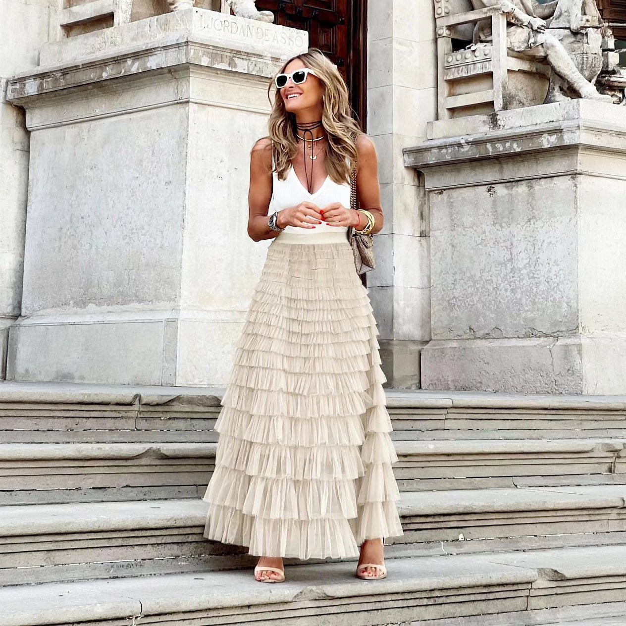 Women's Tiered Ruffle Maxi Skirt – High-Waisted Flowing Chiffon, Bohemian Elegant Style, Beige/Black/Pink/White-79566-cccbe632-c6a8-49d9-acda-a2a8935ae6d0