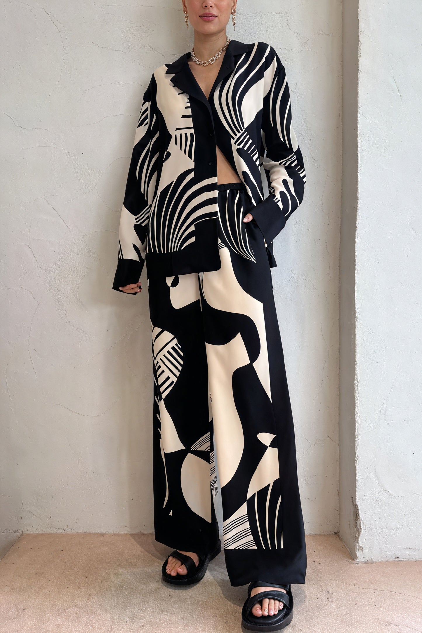 Women's Black White Abstract Pattern Suit – Wide-Leg, Silk Blend, Button-Down-79833-09c34bdc-78ac-4061-974a-330d1af41eff