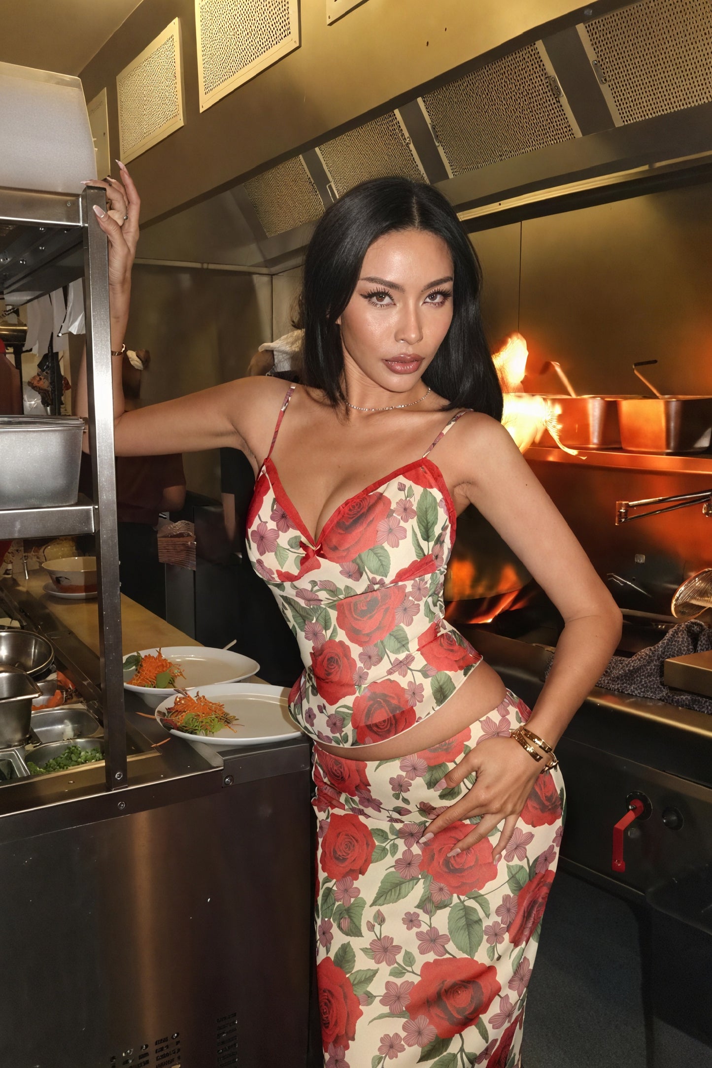 Women's Two-Piece Set: Red Floral Sweetheart Top & Slit Maxi Skirt with Lace Trim, Romantic Style-80195-1df65a0d-9e0f-43cb-96e8-a0ff305bc30a