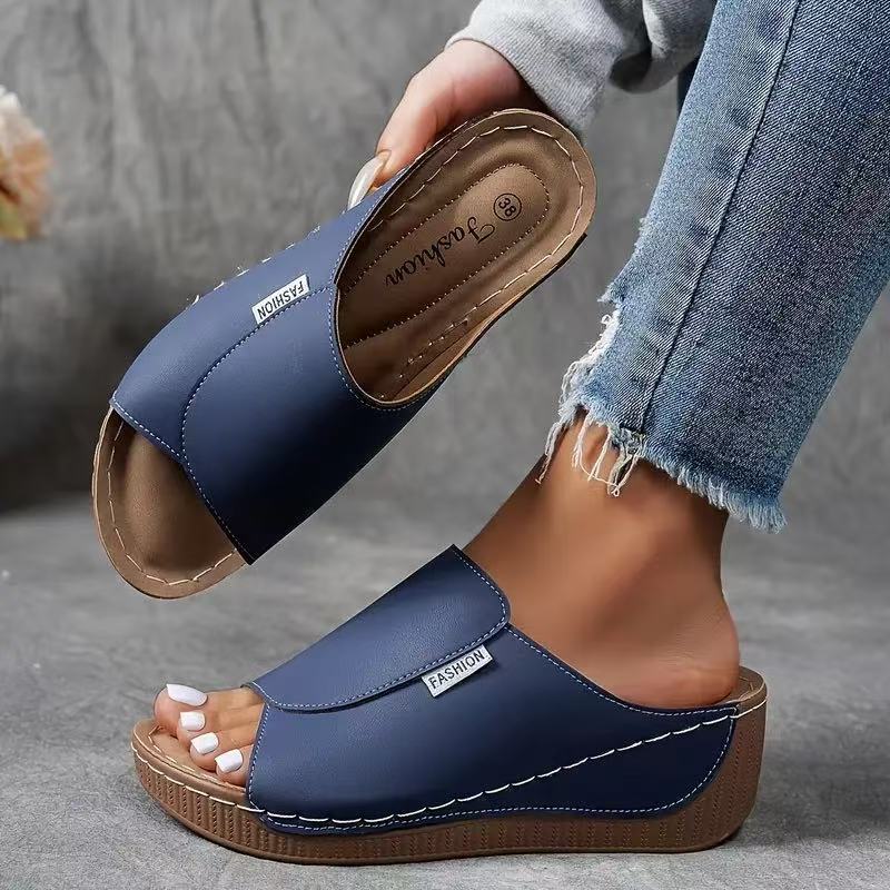 Women's Slip-On Wedge Sandals – Wide Strap, Stitched Synthetic-83190-80376ddc-bca8-43b3-8832-3388f1e9b475