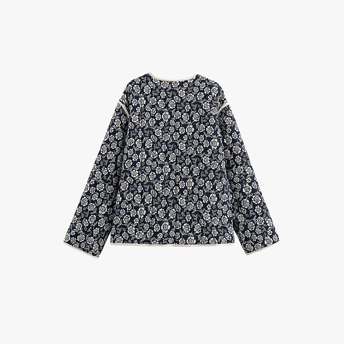 Women's Navy Floral V-Neck Jacket with Cream Piping, Long-Sleeved Classic Style-80650-2c0ee52b-9454-4347-be50-5ab2bd5fff64