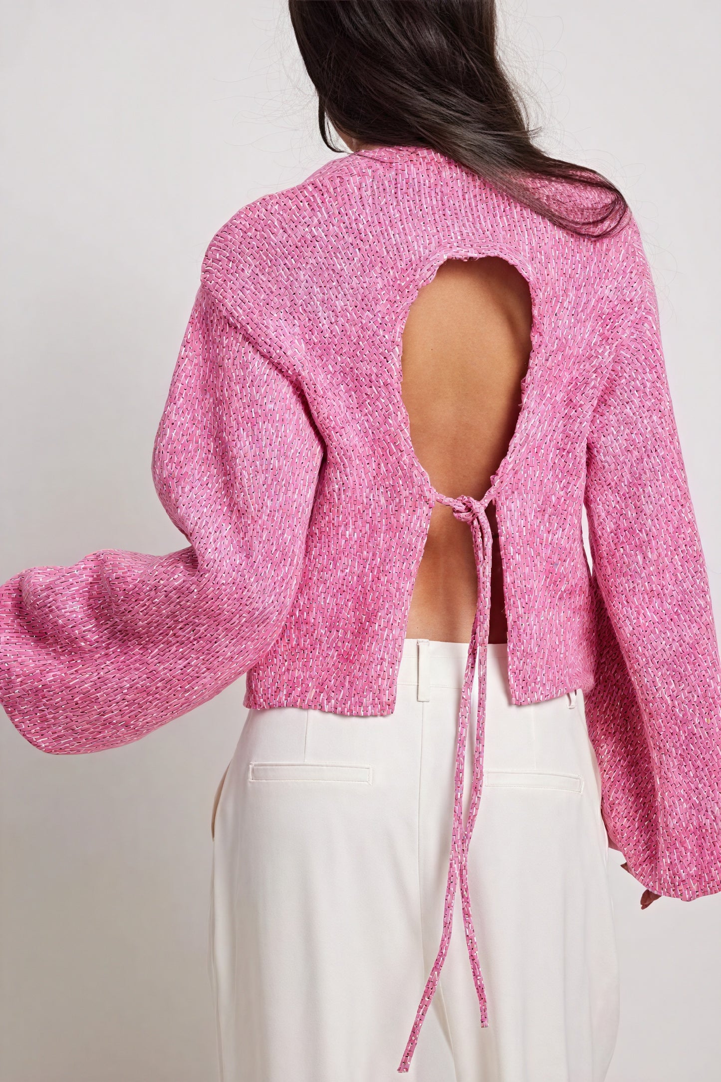 Women's Pink Textured Bell Sleeve Crew Neck Sweater, Casual Modern Style-80691-f266c565-f3e7-4aa2-a929-17789328b45f