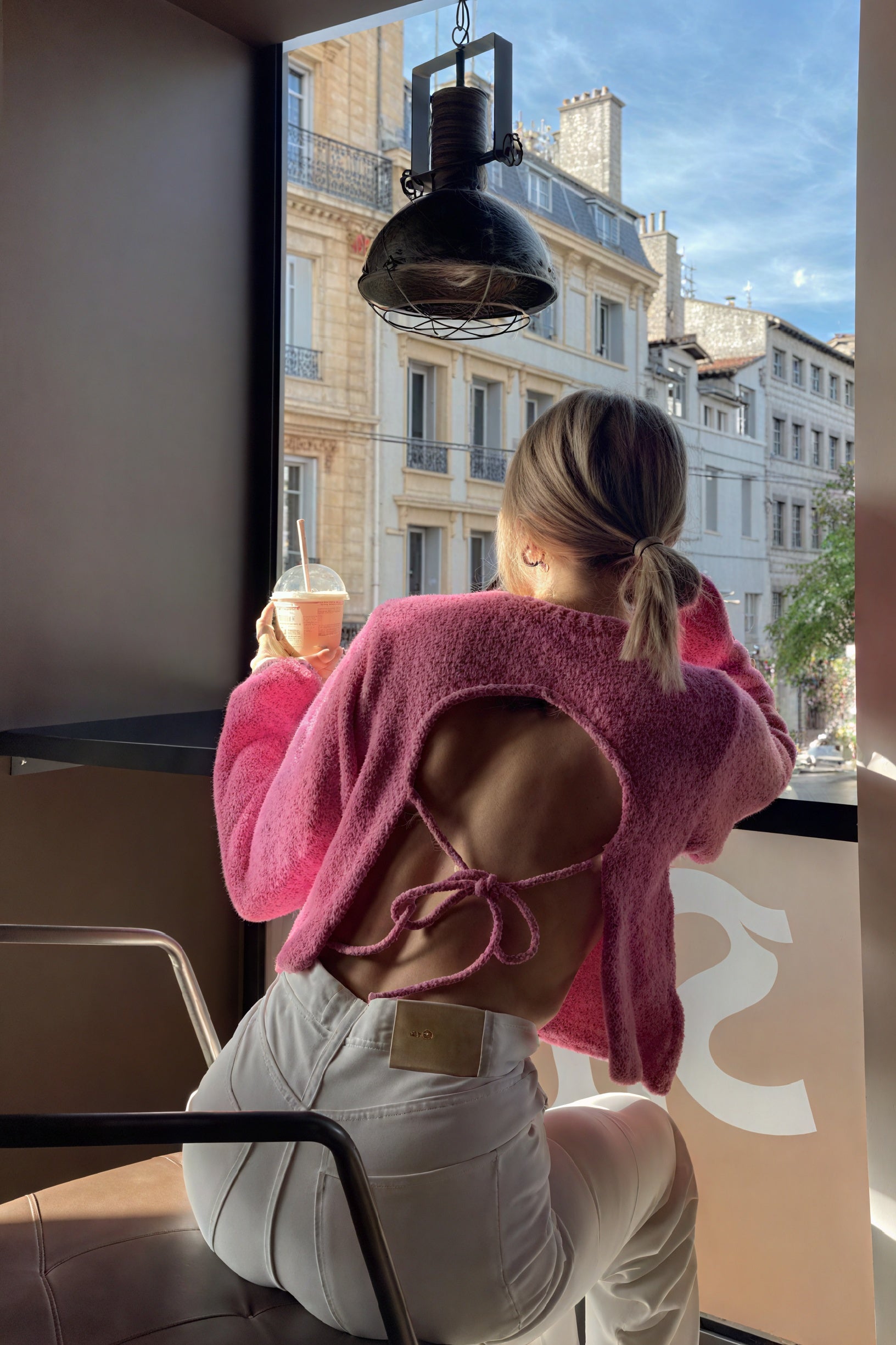 Women's Pink Textured Bell Sleeve Crew Neck Sweater, Casual Modern Style-80691-76740bc5-cb71-4aaa-bada-83450a38bddb
