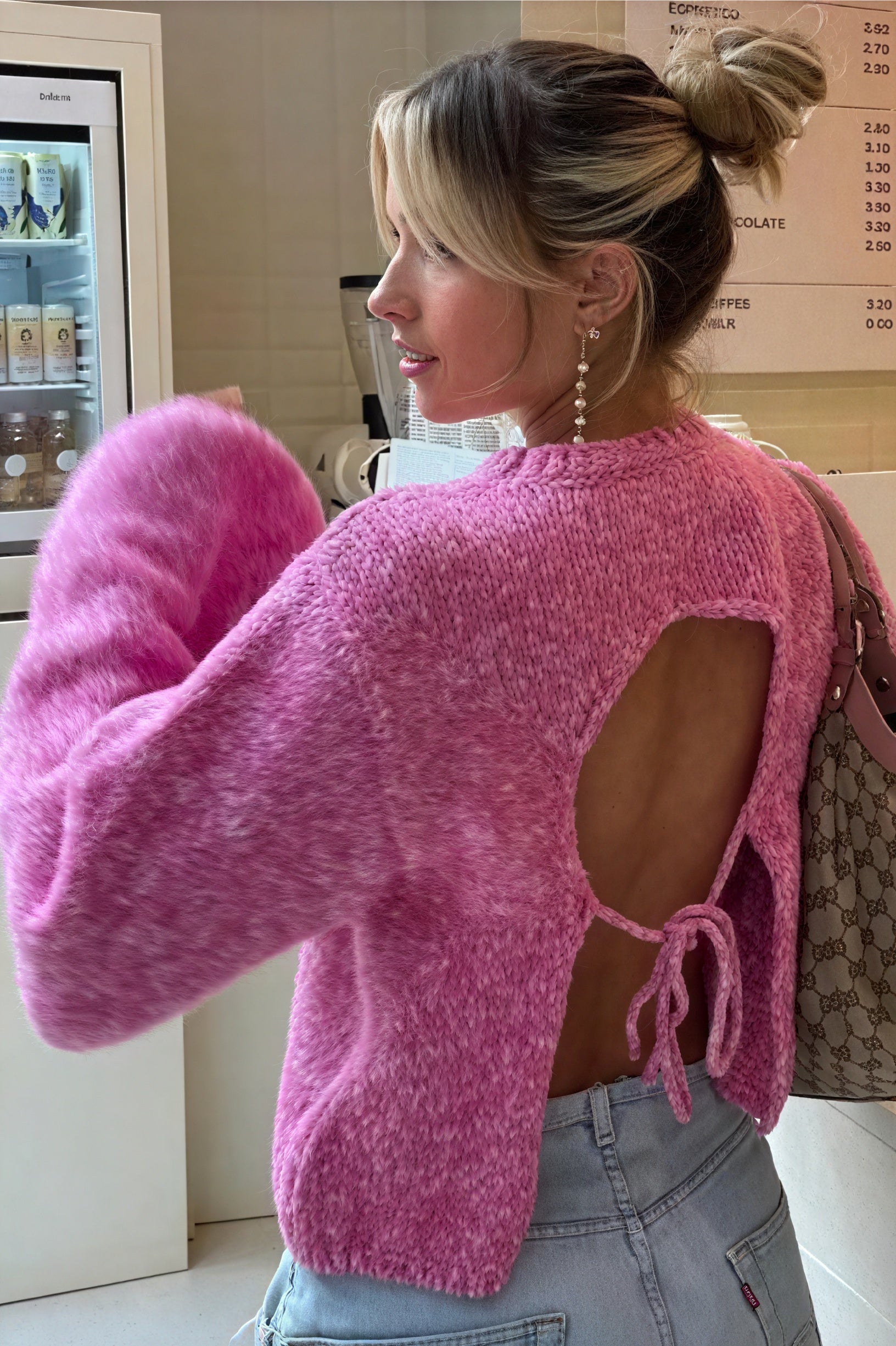 Women's Pink Textured Bell Sleeve Crew Neck Sweater, Casual Modern Style-80691-85b9f75b-104a-4c42-b882-f6755303f798