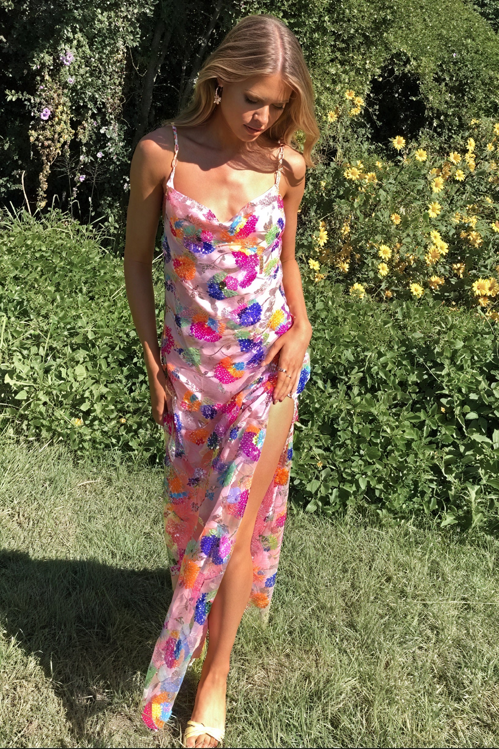 Women's Maxi Dress – White Pink Floral Print, Low Back, Chain Straps, Silk Blend-80956-4a8ad5c0-4308-4cac-9b06-4f361d7e8078