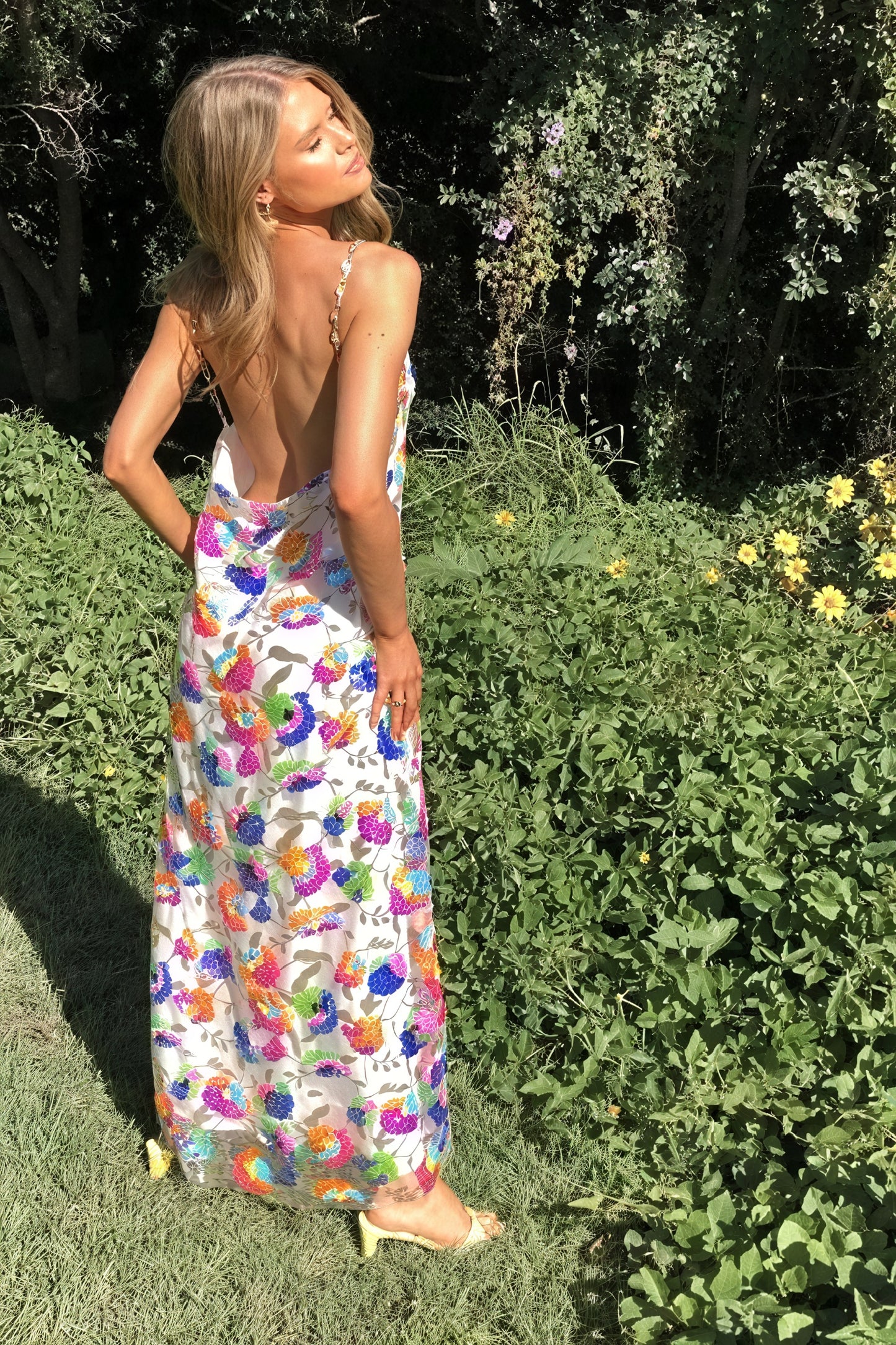 Women's Maxi Dress – White Pink Floral Print, Low Back, Chain Straps, Silk Blend-80956-8c961ae3-87fe-45bd-acc6-949a5e6f14b0