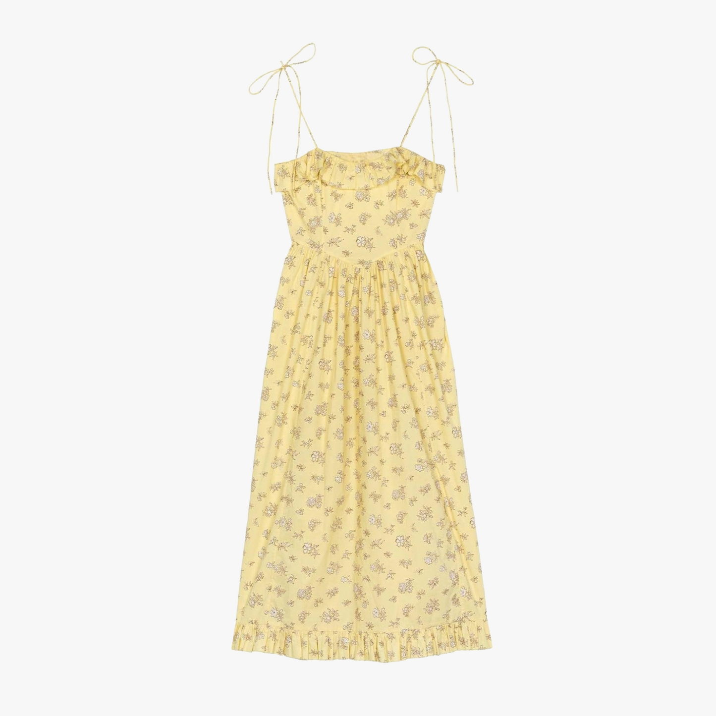 Women's Midi Dress – Yellow Floral Cotton Ruffled Bohemian with Spaghetti Straps-81012-bafc7aad-2e83-4ae0-bc8d-fcd07ab0e8a7