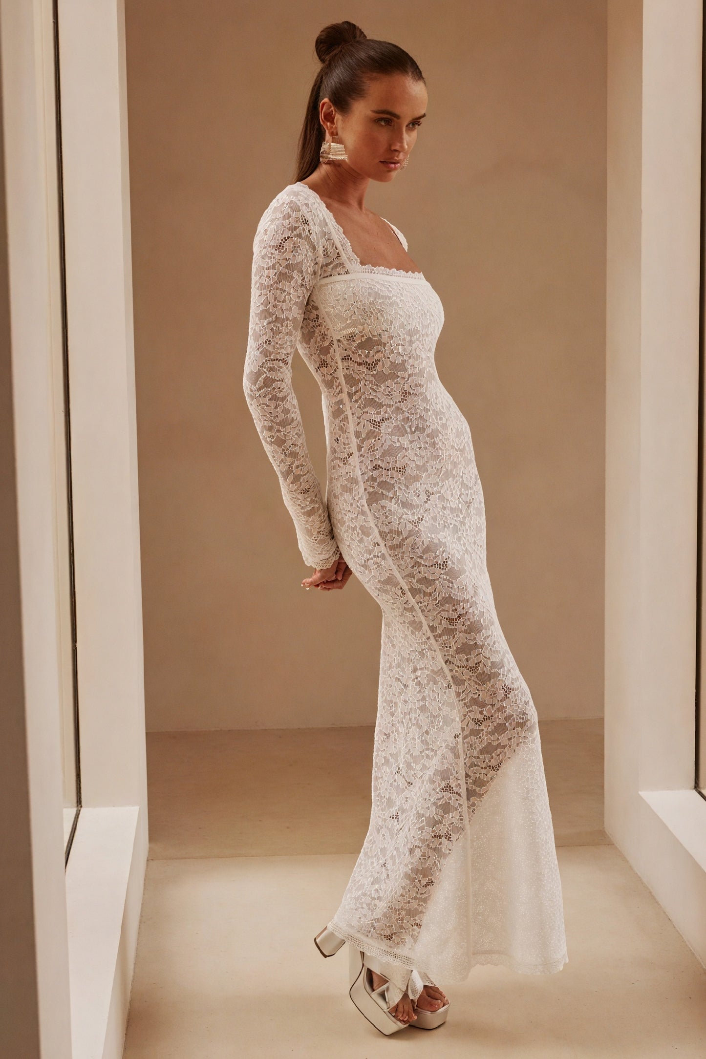 Women's White Lace Full-Length Gown – Square Neckline, Long Sleeve, Elegant-81023-2b2ed59d-93b2-4ce3-9f3f-a4c24cd0a788