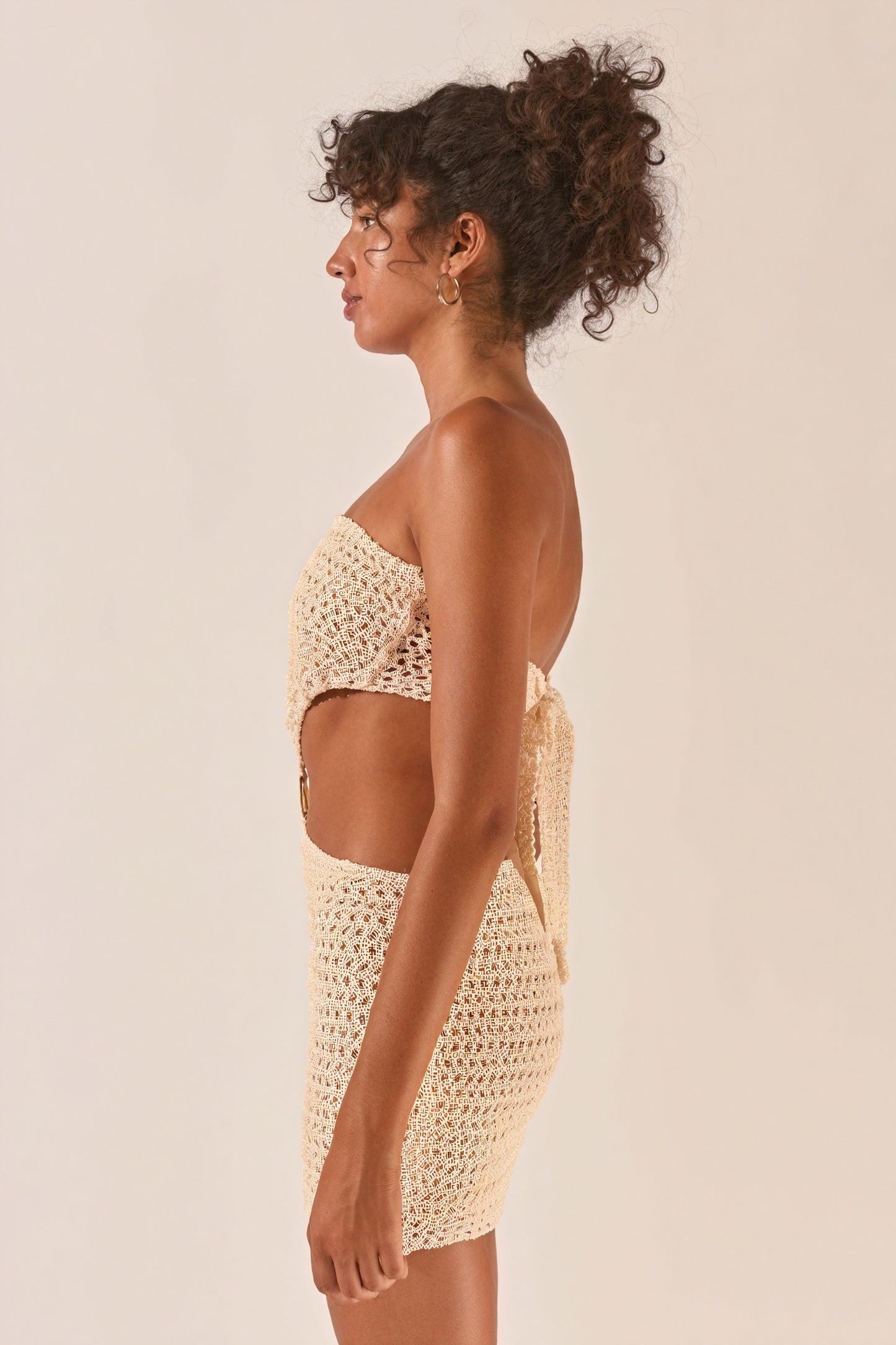 Women's Beige Crochet Two-Piece Dress with Bandeau Top, High-Waisted Skirt, Side Cutouts & Gold Ring Detail-81067-7e3131bc-36b1-4a80-9a46-02783fbd8935