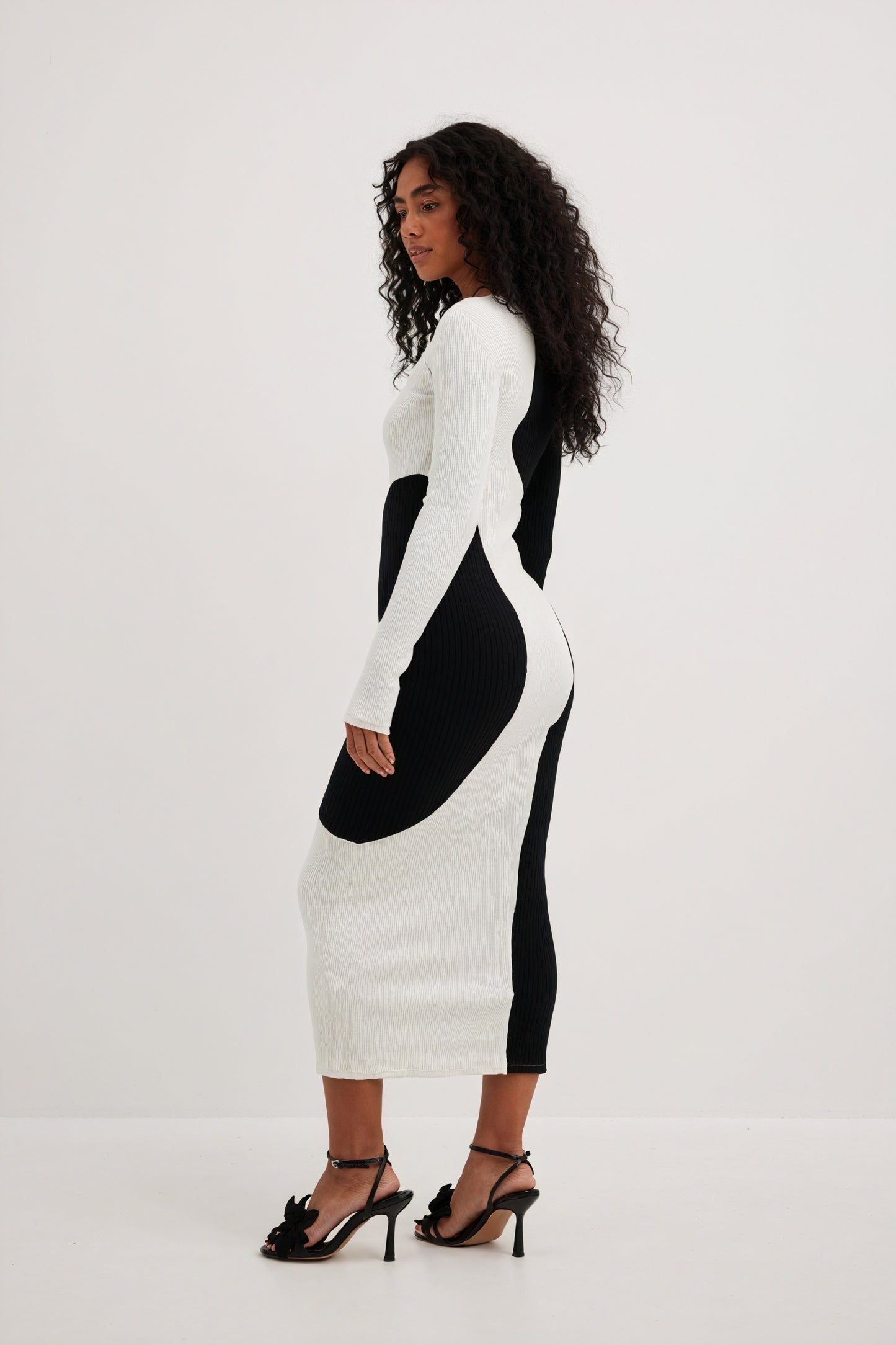 Women's Midi Dress – Asymmetrical Color-Block Ribbed Knit Black White, Modern Chic-81072-bbb4e9de-e9aa-4be1-b6df-68b039a7cf57