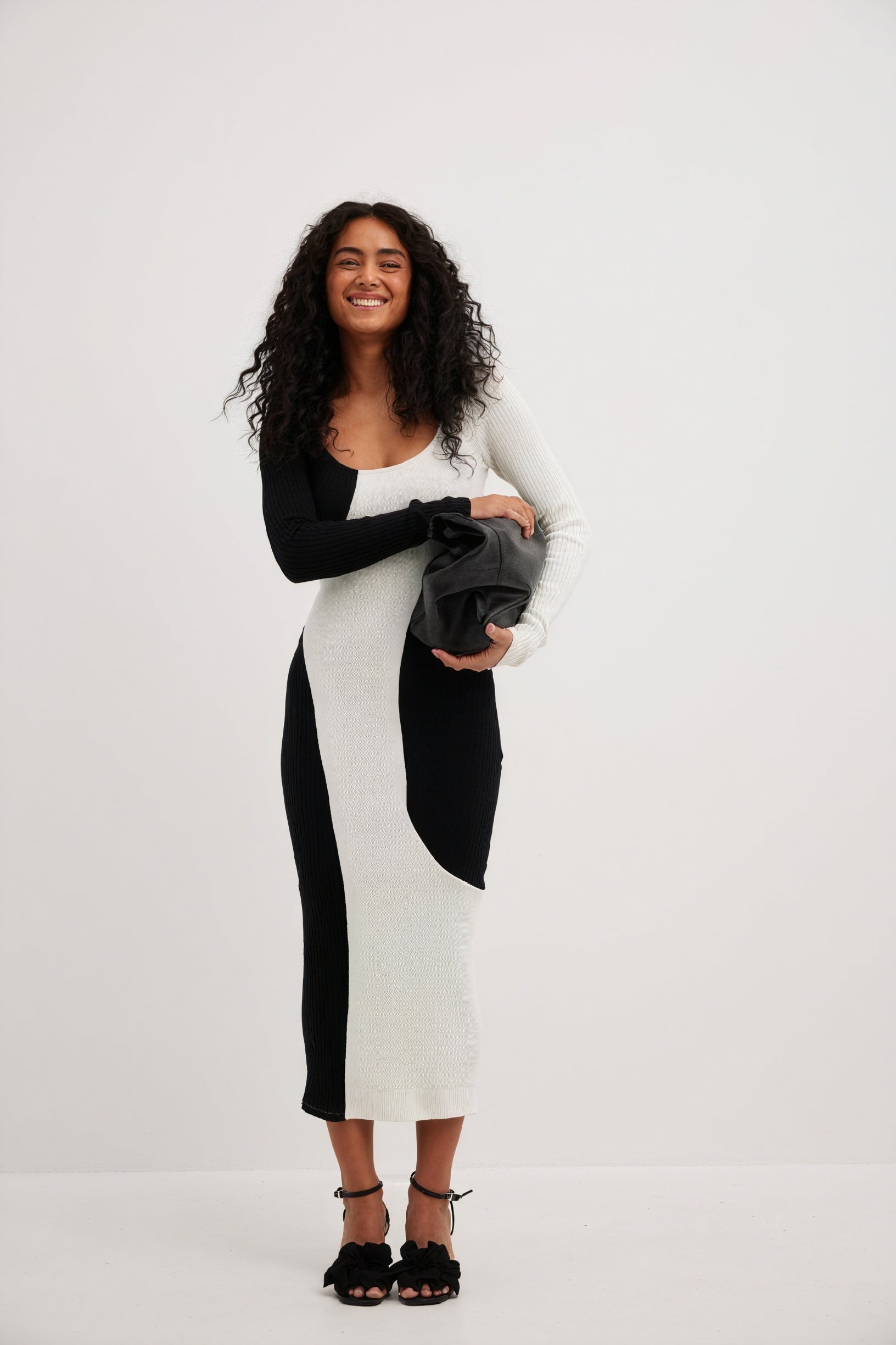 Women's Midi Dress – Asymmetrical Color-Block Ribbed Knit Black White, Modern Chic-81072-bf4fc049-16b5-4847-86c0-3b054cdb5301