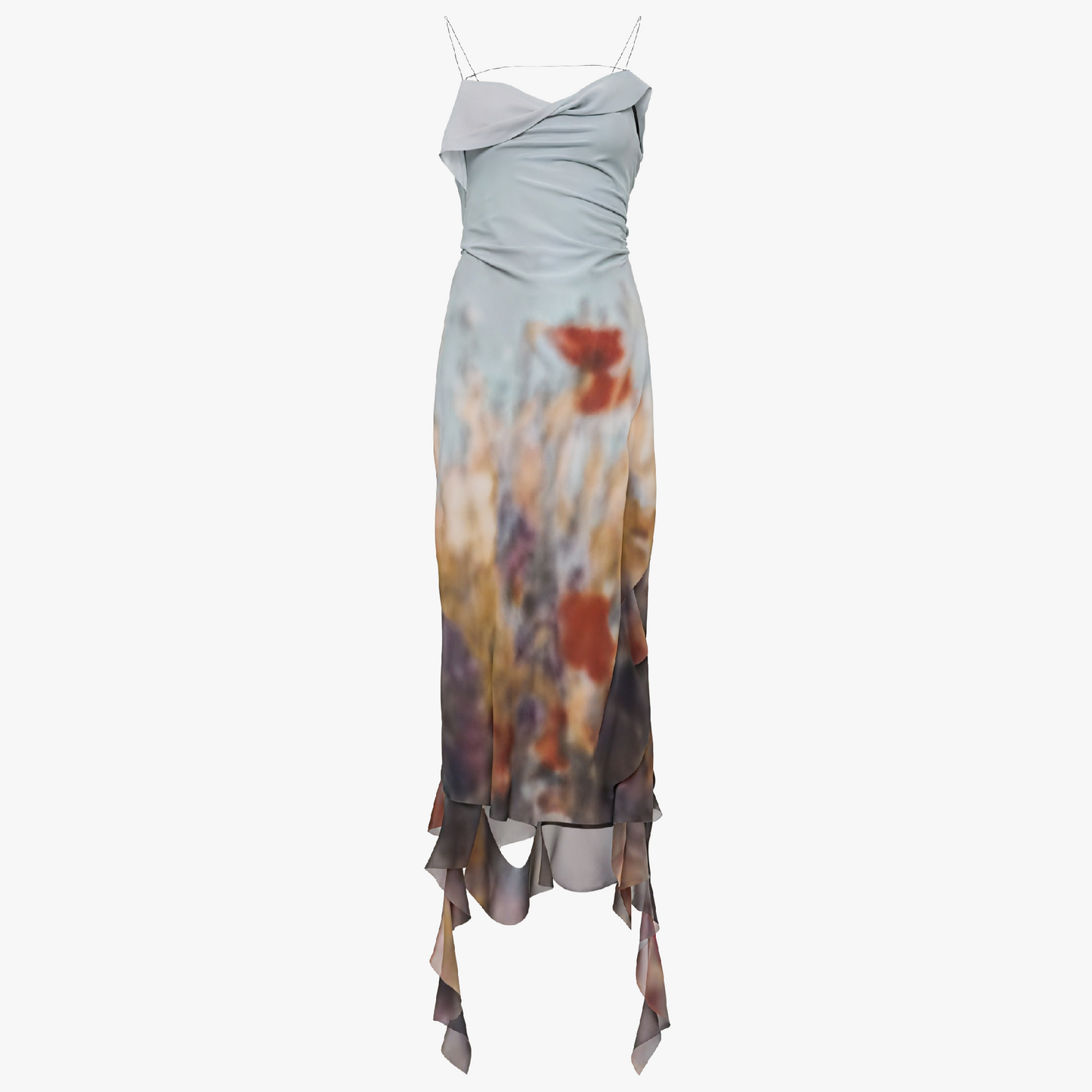 Women's Blue Draped Midi Dress – Asymmetrical Neckline, Watercolor Floral Print, Silk Satin-81074-cb1e1193-a009-4287-8e34-80cedf1d518c