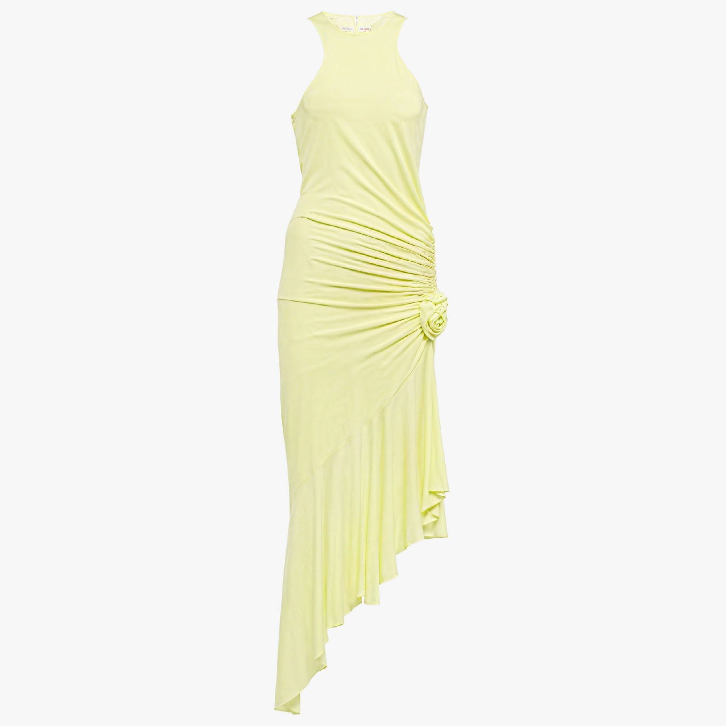 Women's Pale Yellow Knit Dress - Asymmetrical Hem, Ruched, Fabric Rose, High Neck-81076-d66c01dd-b259-4fe1-b0d2-7c45942354e7
