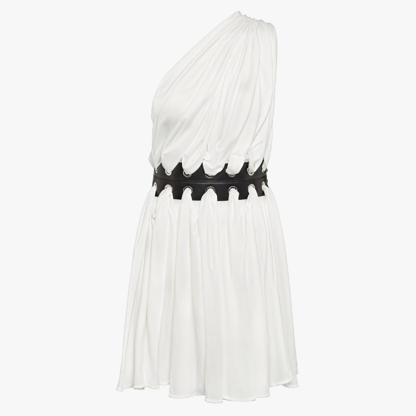 Women's White Asymmetrical Dress – Pleated Bodice, Leather Belt, Flared Skirt-81083-0c1c602c-ba4c-4b06-bdbe-01261f6c97d9