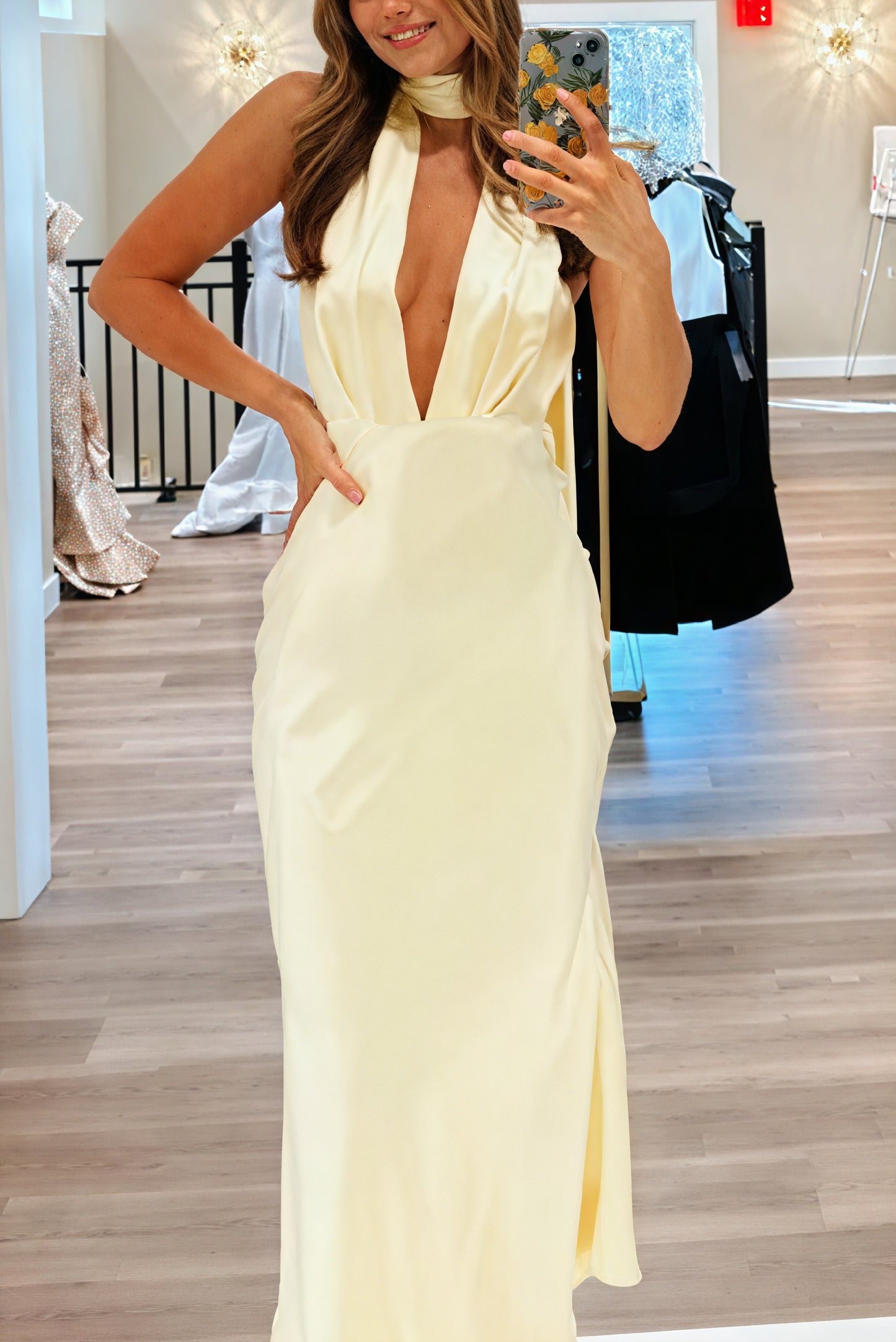 Women's Pale Yellow Satin Halter Dress – Deep V-Neck, Floor-Length, Bias-Cut Elegant-81089-2dc11016-f4a8-4931-99d8-0e51a670b00b
