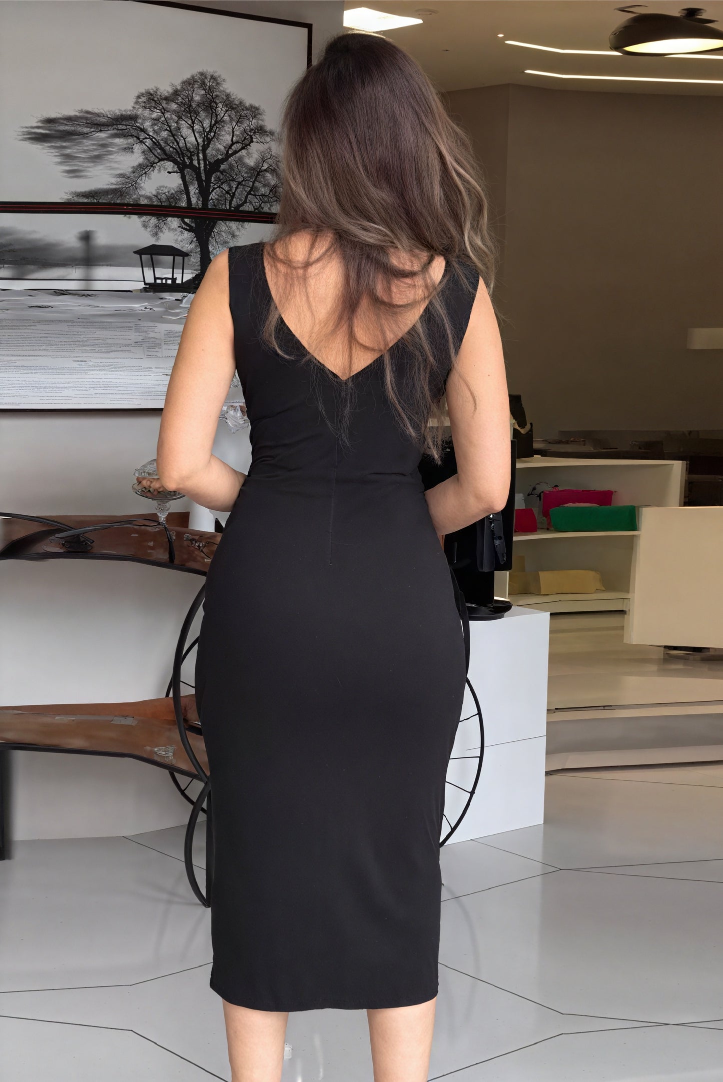 Women's Black Midi Dress – Plunging V-Neck, Knot Detail, Front Slit, Fitted Silhouette, Synthetic Blend-81115-3f849b9f-cf7d-4331-8dec-3cba640ebb55