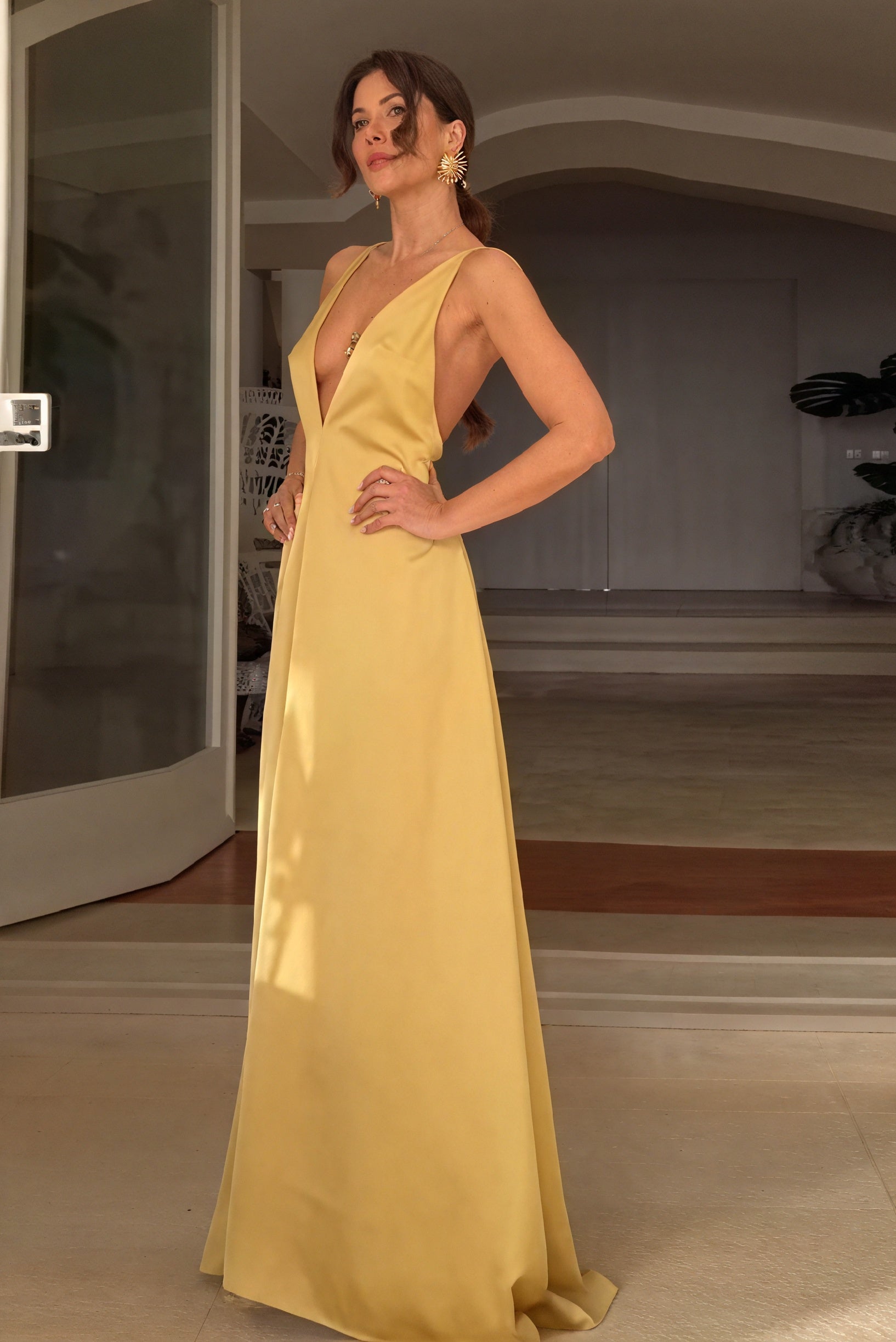 Women's Mustard Yellow Deep V-Neck Maxi Dress – Thin Straps, A-Line, Floor-Length, Elegant-81120-a8eddac8-7776-4fbf-828b-901134d89284