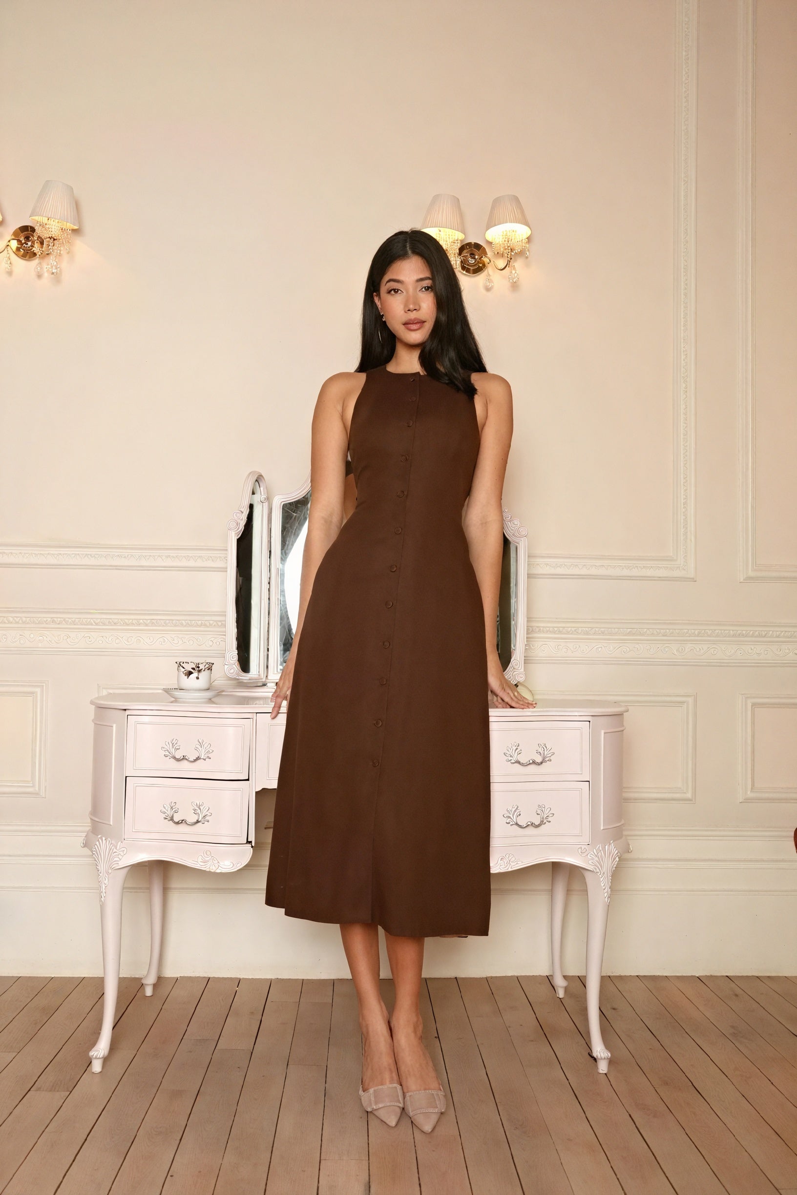 Women's Brown Sleeveless Midi Dress – Button-Up Front Slit, A-Line Silhouette-81124-6ffeac48-8010-48fe-98bc-5ddbe559cd05