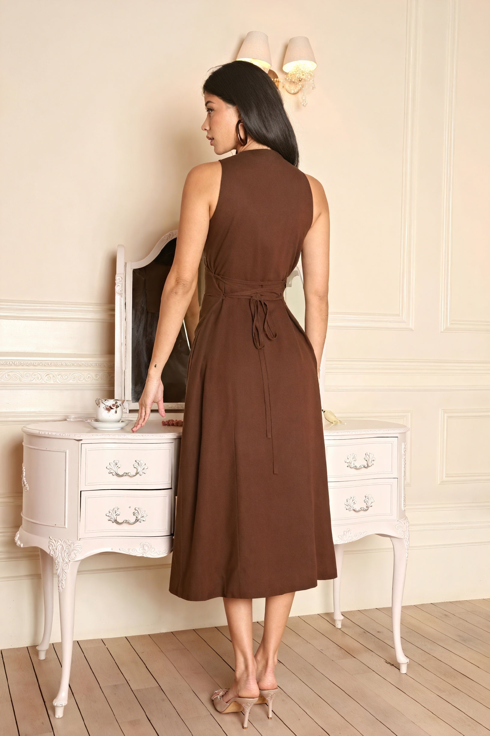 Women's Brown Sleeveless Midi Dress – Button-Up Front Slit, A-Line Silhouette-81124-45bb3421-630c-40cb-9056-643d64c4da34