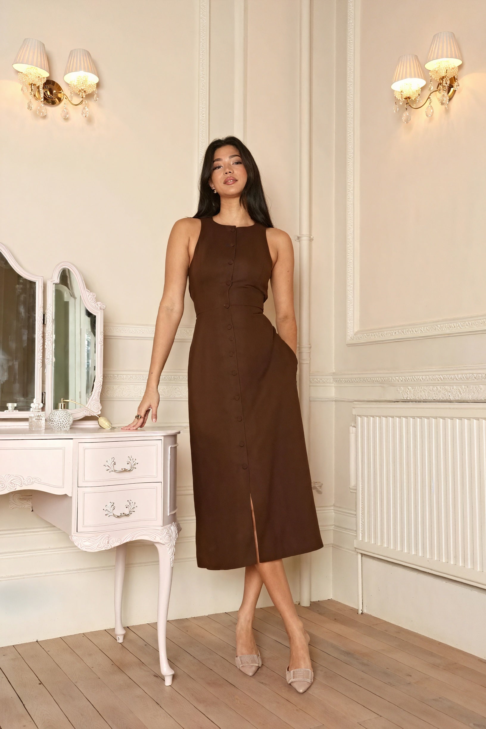 Women's Brown Sleeveless Midi Dress – Button-Up Front Slit, A-Line Silhouette-81124-7fe2d4e9-7383-4668-a697-dd8e11a765ee