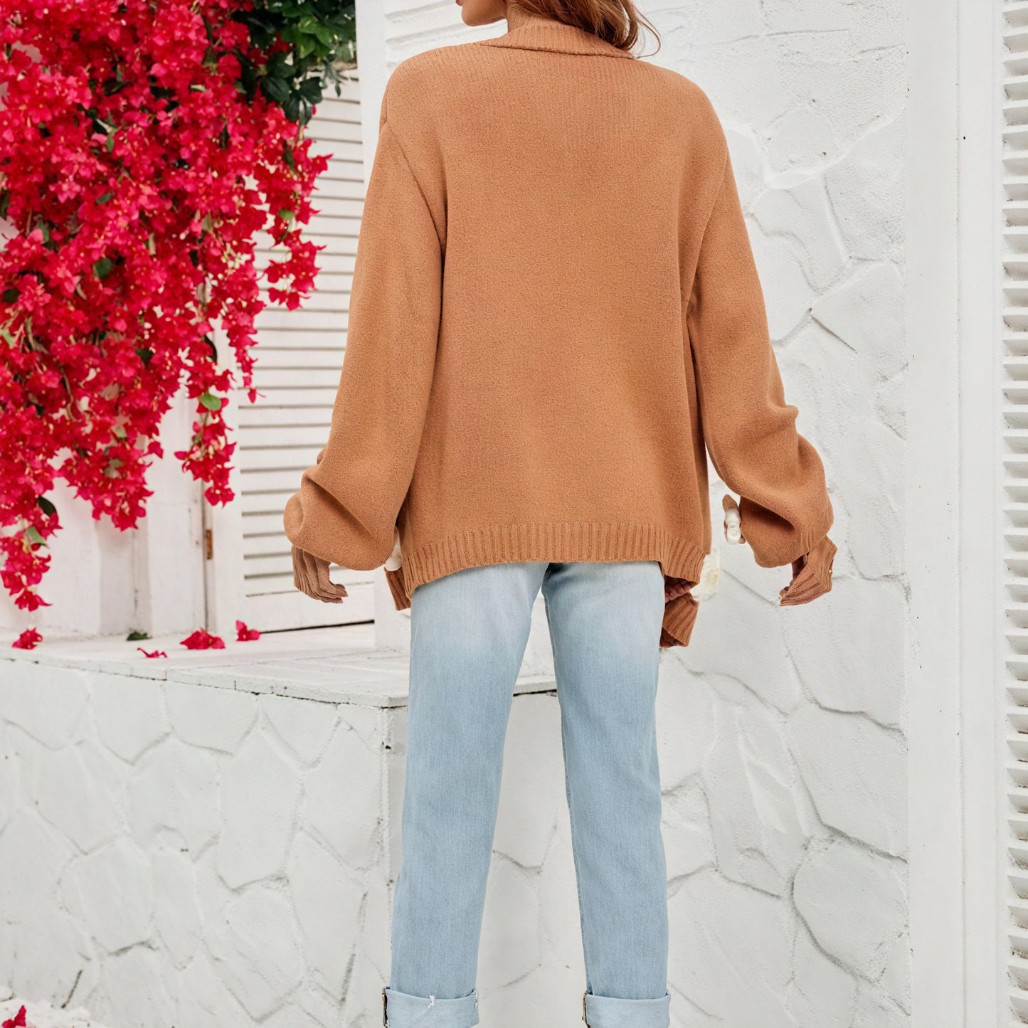 Women's Brown Open-Front Cardigan – Floral Embellished, Ribbed Knit, Bohemian Style, Sydney Wardrobe-81302-89e0e111-37ba-440b-80a6-90d79b7850a0