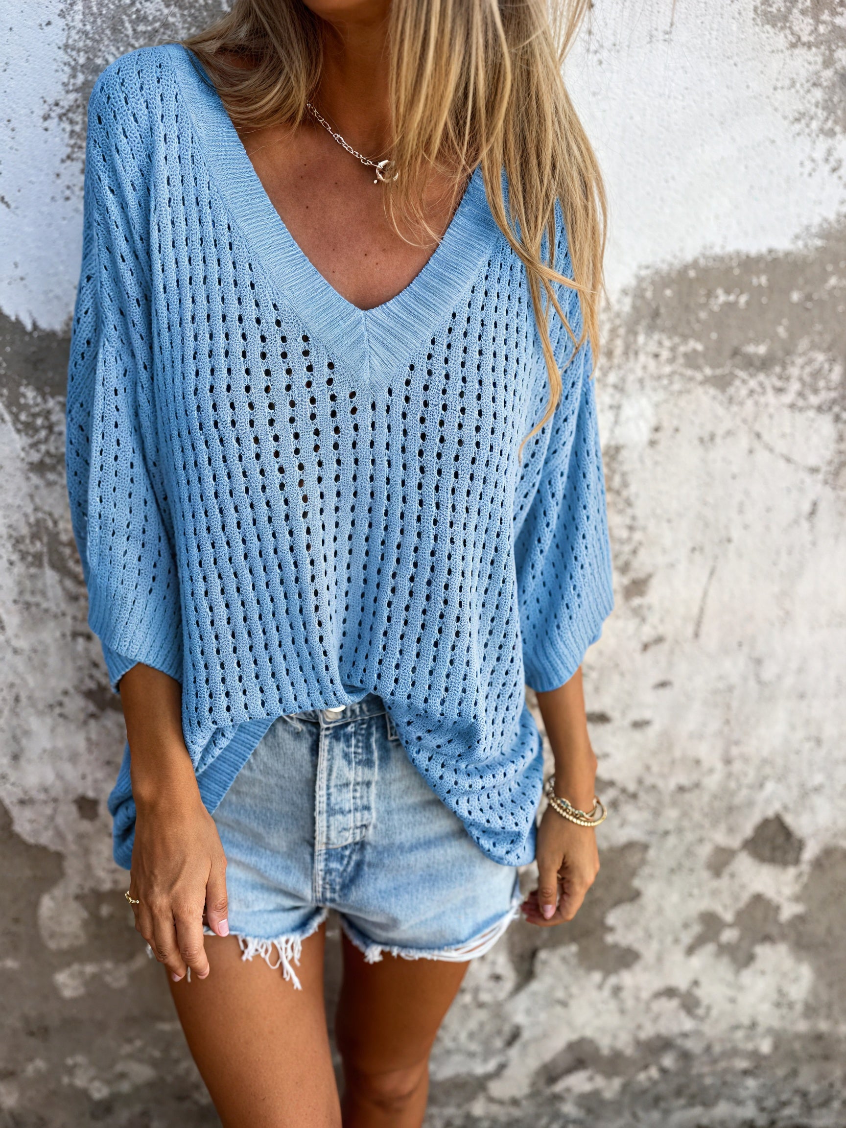Women's Open-Knit V-Neck Top – Relaxed Fit, Lightweight, Cotton Blend, Casual-81336-0d96e1be-a28d-445c-9228-63051c1036bd