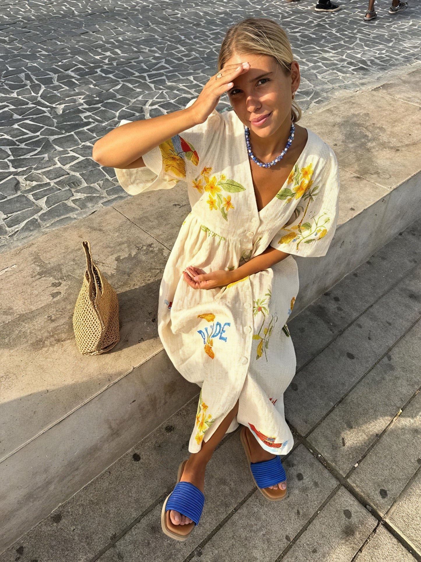 Women's Cream Linen Blend Wrap Midi Dress – Floral Print, Elbow Sleeves, Relaxed Fit, Sydney Wardrobe-81391-ca8b848c-69af-483f-8f34-004996e124a3