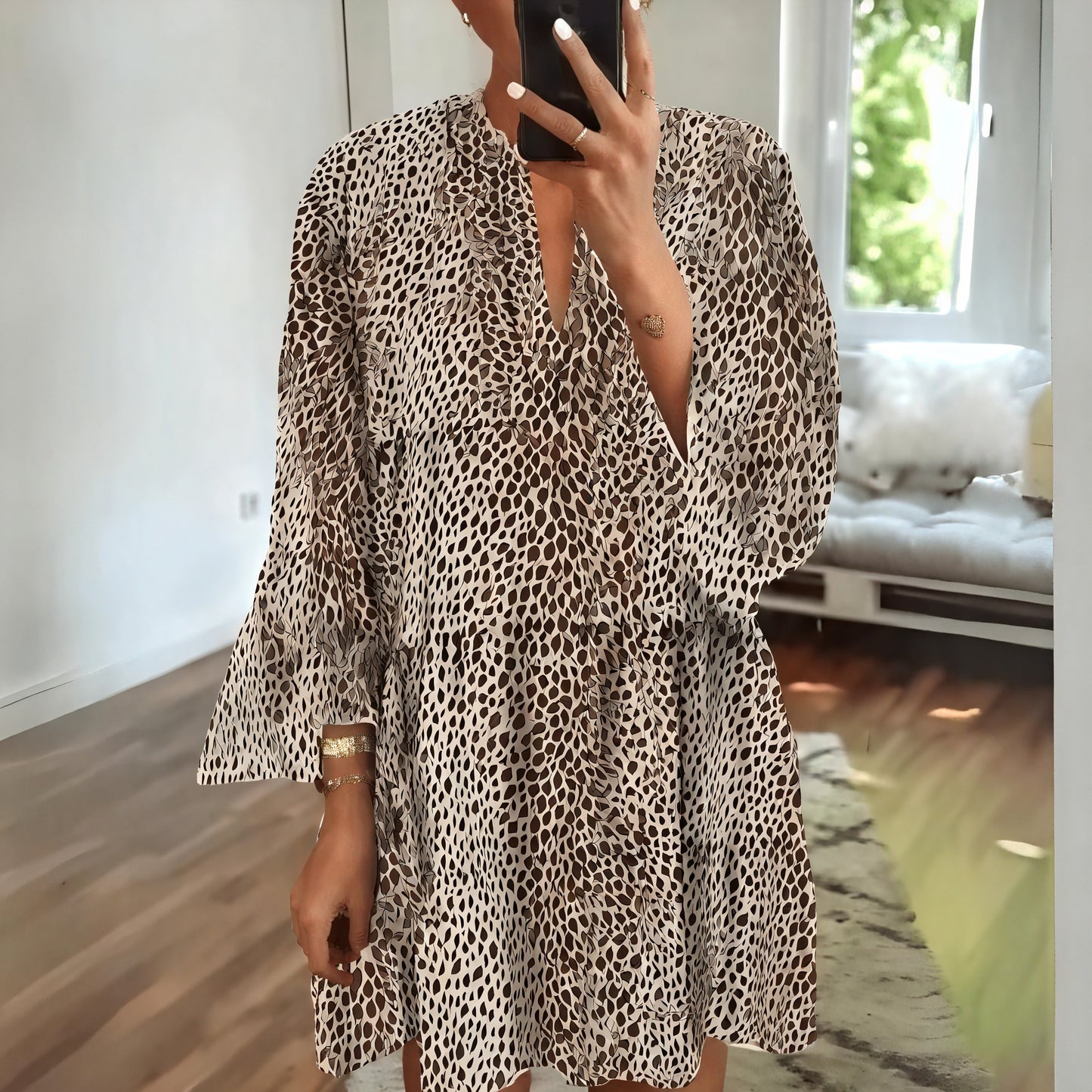 Women's Animal Print Mini Dress – Flowy V-Neck Long Sleeve-81612-b8e5072d-97b4-4951-af71-c120187e6513