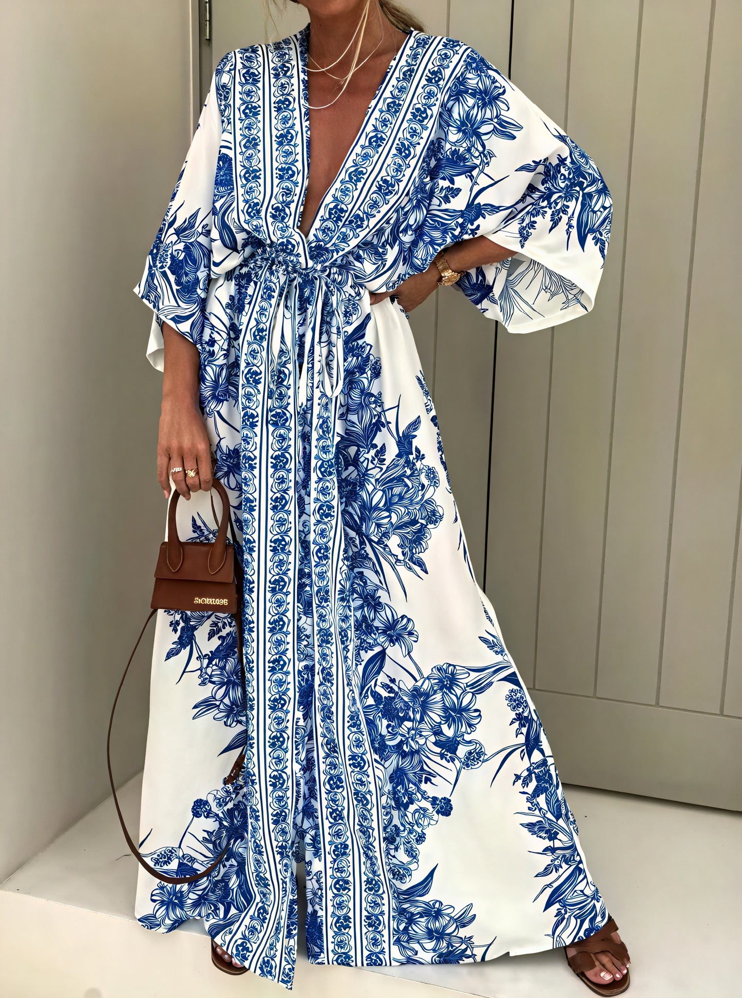 Women's Maxi Dress – Blue & White Floral, Kimono Sleeve, Belted-82503-db024437-212a-4ca6-9340-62869aff3bfb