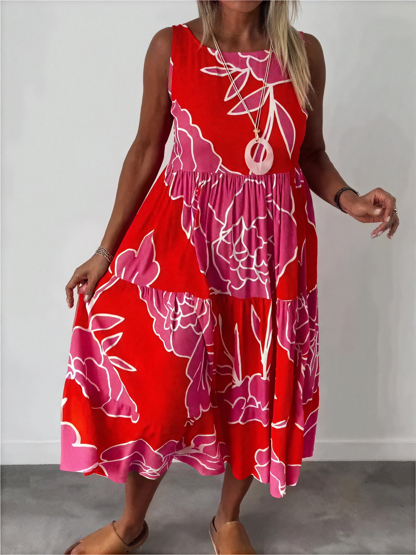 Women's Midi Dress – Sleeveless Tiered Floral Print, Bohemian Style, Lightweight Fabric, Sydney Wardrobe-82642-95b4090b-8127-4b4b-95c9-d8bb02bd4aab