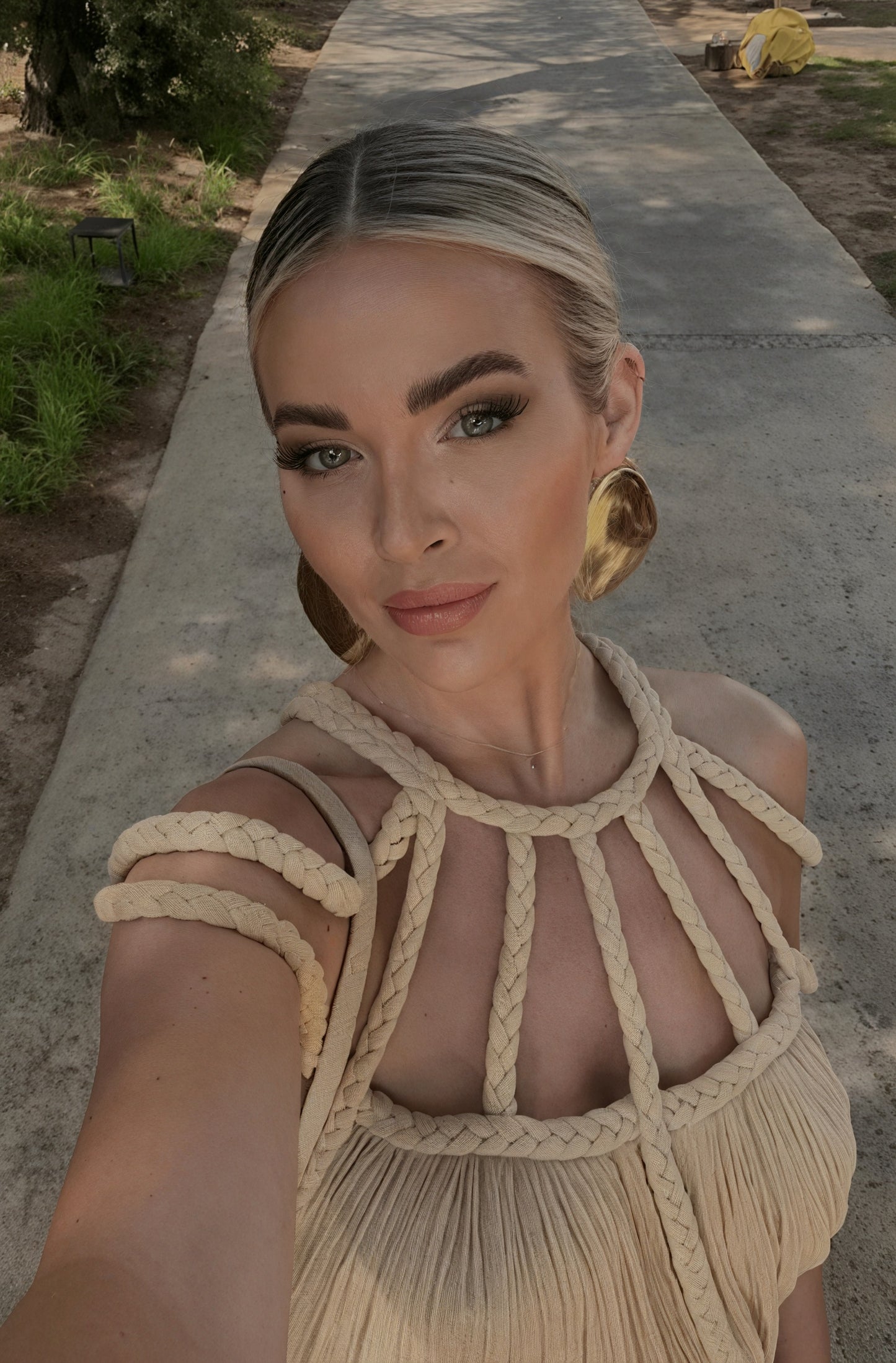 Women's Halter Maxi Dress – Braided Rope & Strap Detail, Flowing, Black/Beige-83000-76b95272-272a-43f5-8206-e24a448654fb