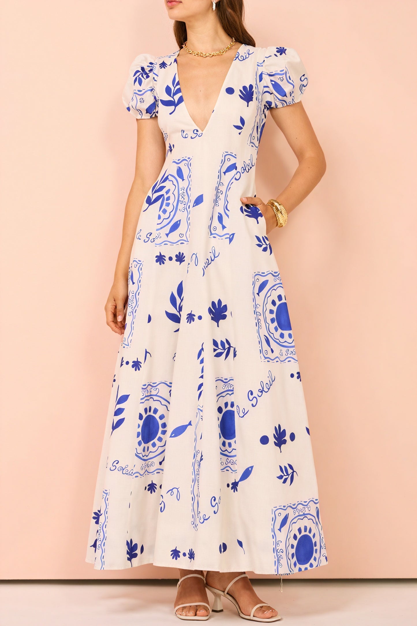Women's Midi Dress – Blue White Print, V-Neck, Puffed Sleeves, Pockets, Cotton Blend, Bohemian-83005-30769f76-430d-421a-9c84-af4d1047f307