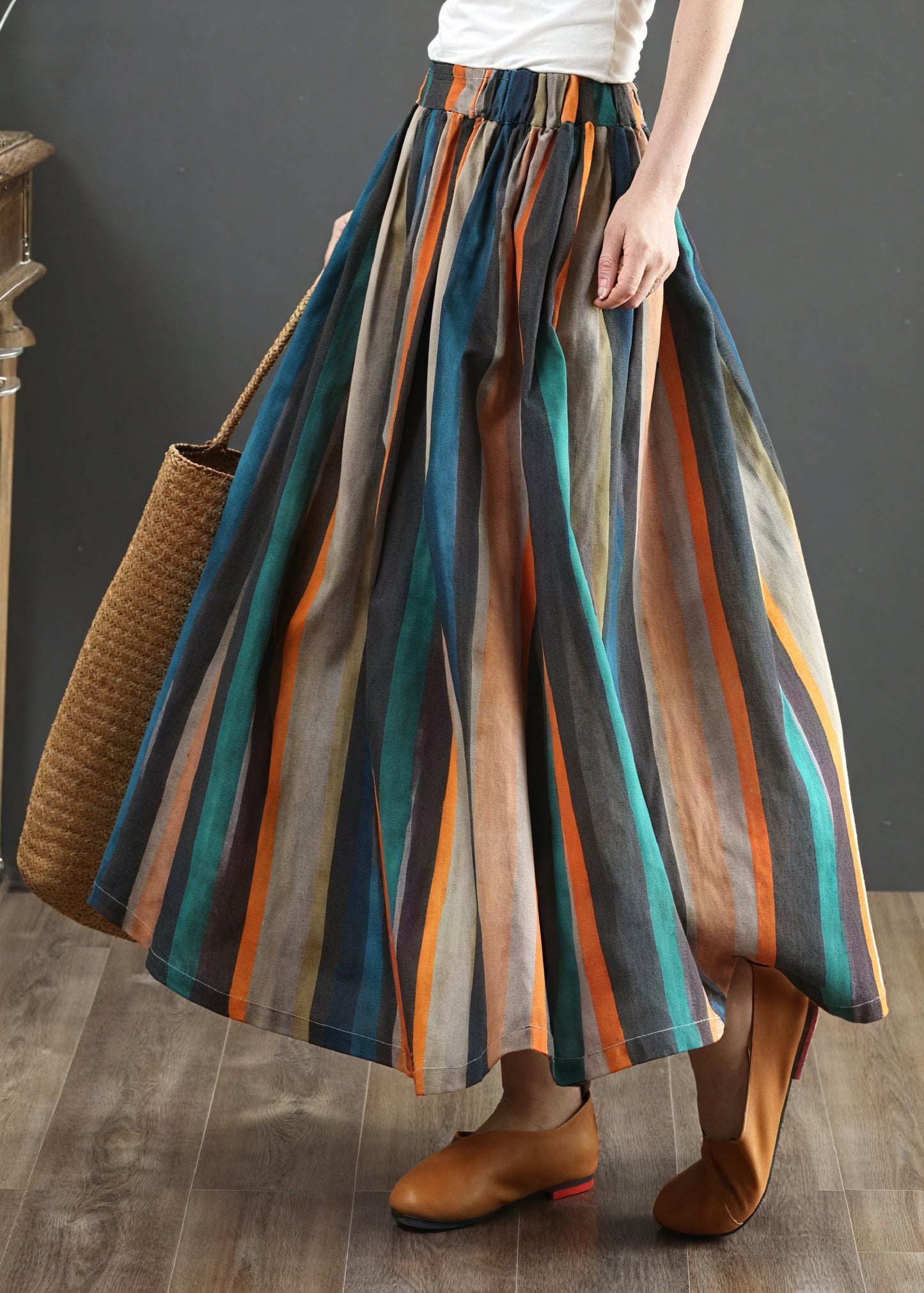 Women's Knee-Length Skirt – Multicolor Vertical Striped A-Line, Bohemian Style-83099-4c60d808-38e4-4eb1-8e6b-cf578a1d428f