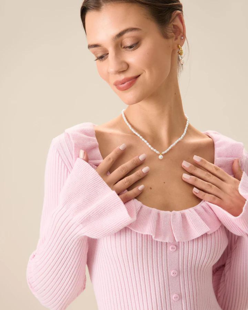 Women's Pink Ribbed Knit Midi Dress – Ruffled Neckline, Bell Sleeves-83104-3fd8f59f-9c2a-4831-ad93-c611c6eef277