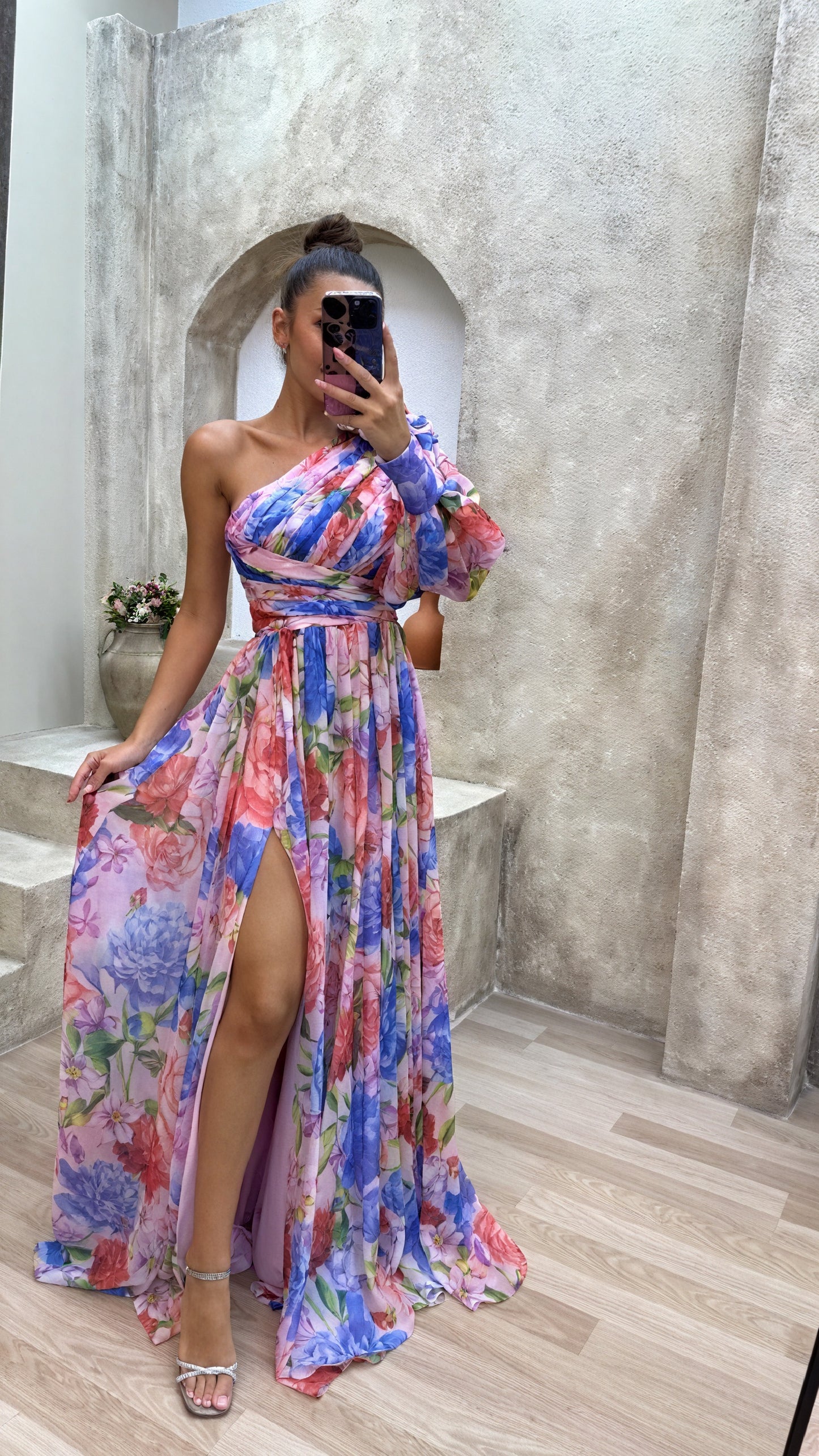 Women's Floral One-Shoulder Maxi Dress, Voluminous Sleeve, High Slit-83163-3f630b88-9132-453c-8637-c59df93833b6